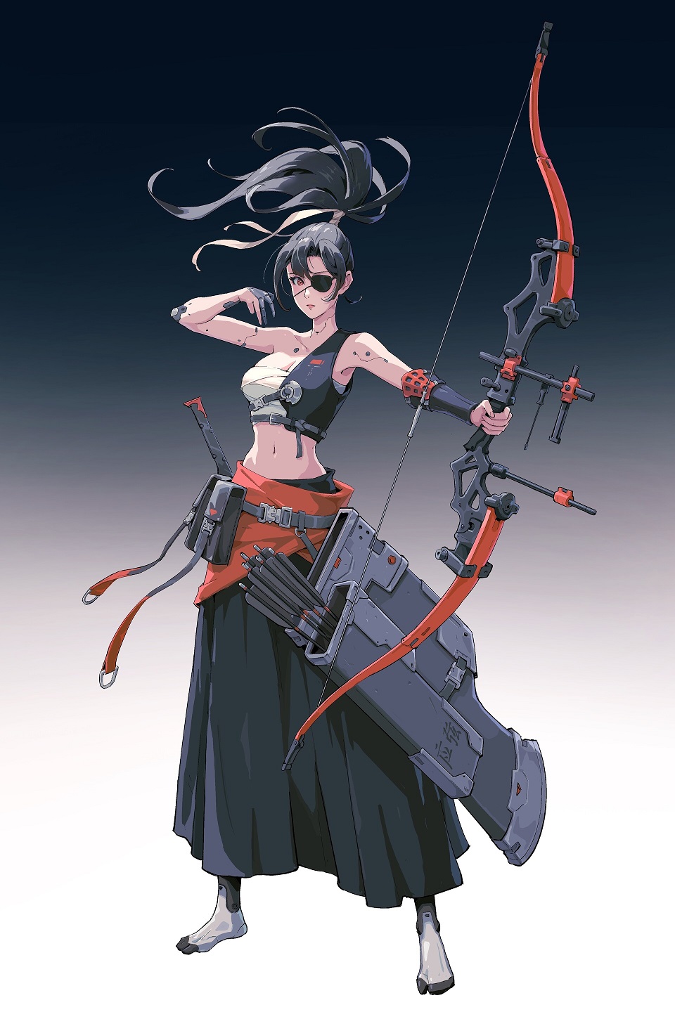 Wenfei Ye Drawing Women Dark Hair Skirt Arrows Bow Science Fiction Wind Eyepatches Archer Vertical A 960x1440
