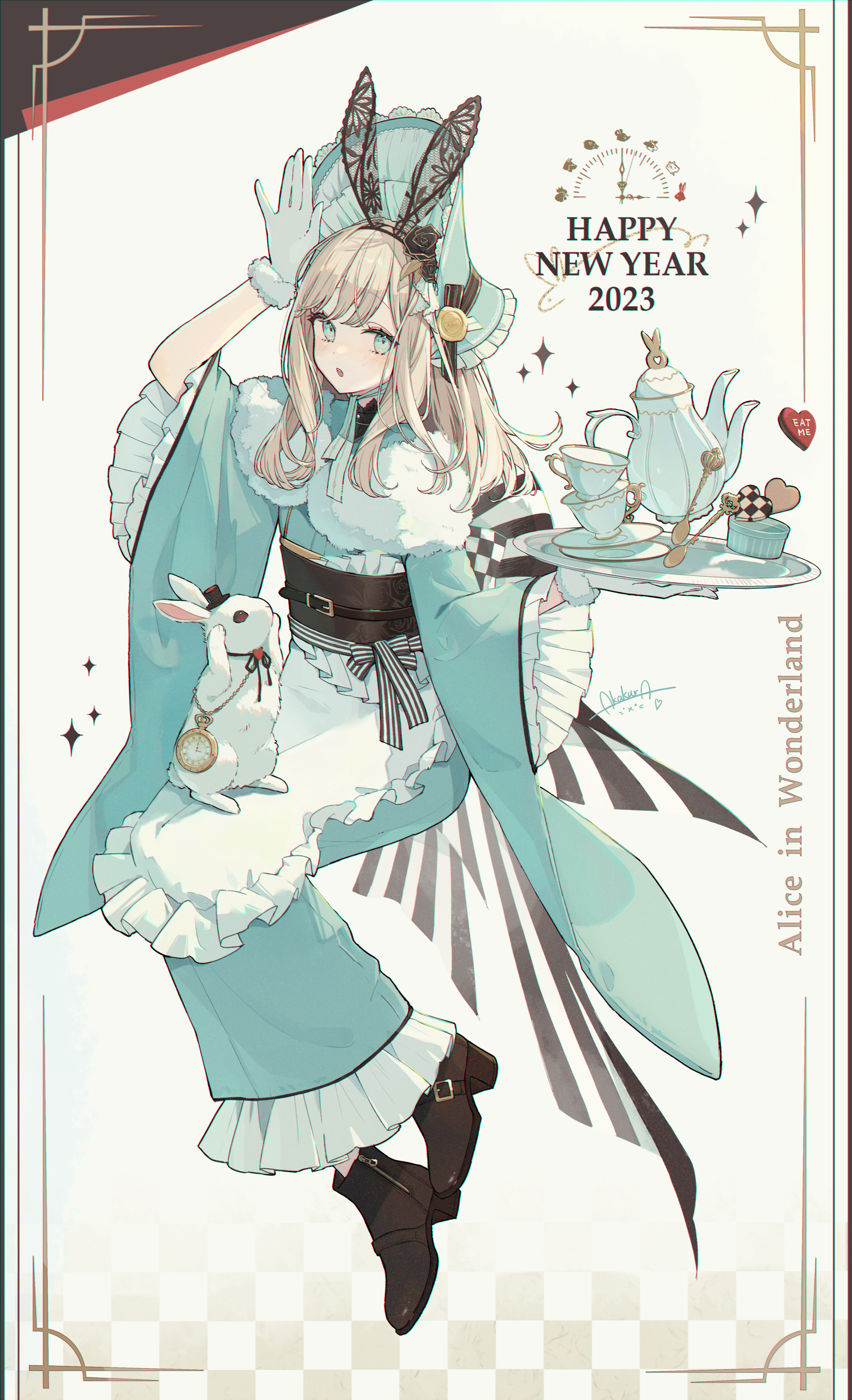 Akakura Pixiv Anime Girls Alice In Wonderland Rabbits Bunny Ears Bunny Girl Gloves Vertical Tea Anim 1500x2464