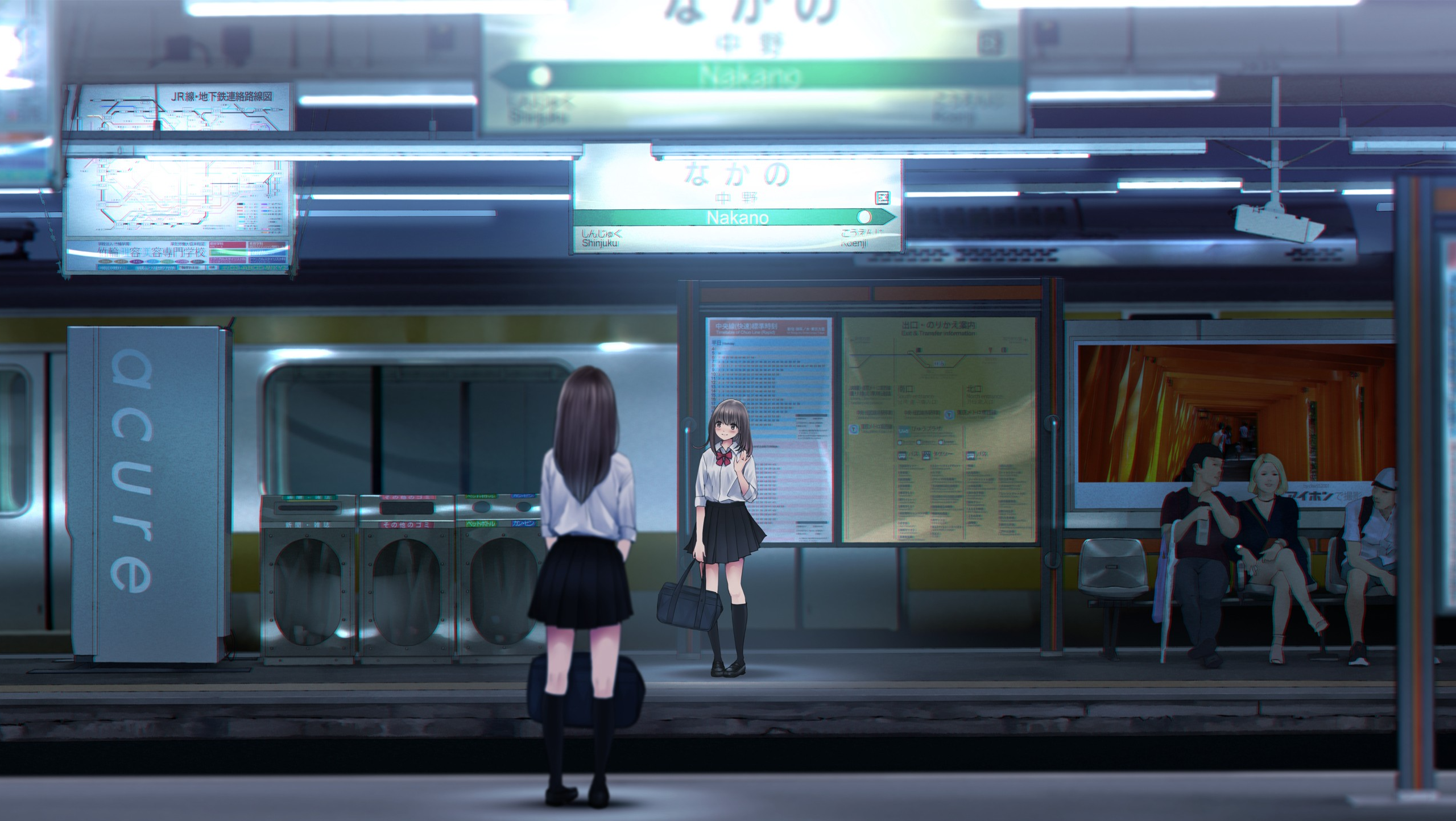 Anime Anime Girls Umbrella Skirt Heels Long Hair Train Station Brunette Black Socks Knee High Socks  2560x1444