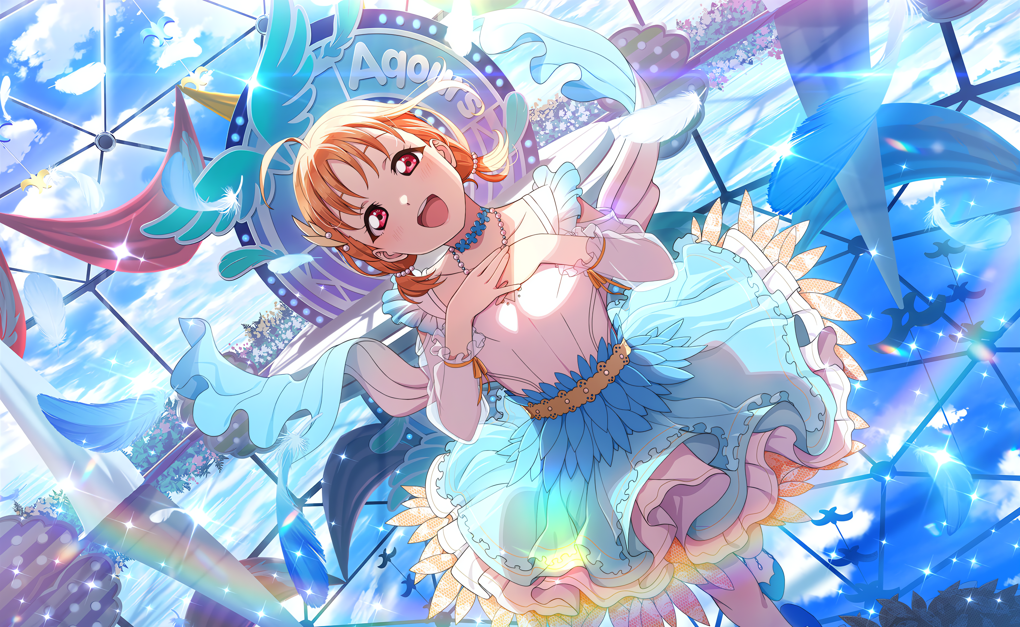 Takami Chika Love Live Love Live Sunshine Anime Anime Girls Open Mouth Sky Clouds Feathers Looking A 4096x2520