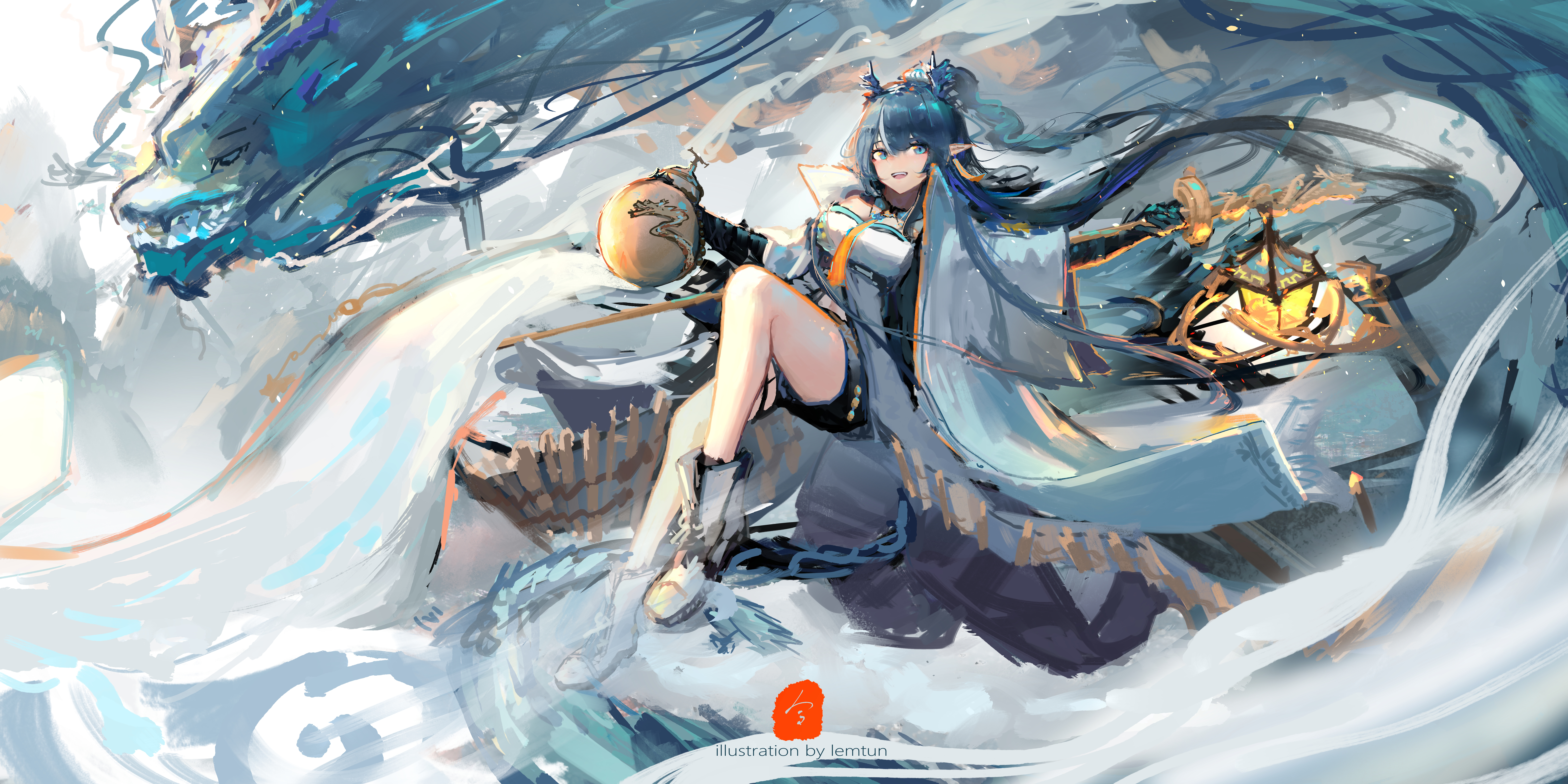 Anime Anime Girls Lemtun Arknights Ling Arknights Blue Hair Blue Eyes  Pointy Ears Dragon Horns Drago Wallpaper - Resolution:8000x4000 -  ID:1367086 