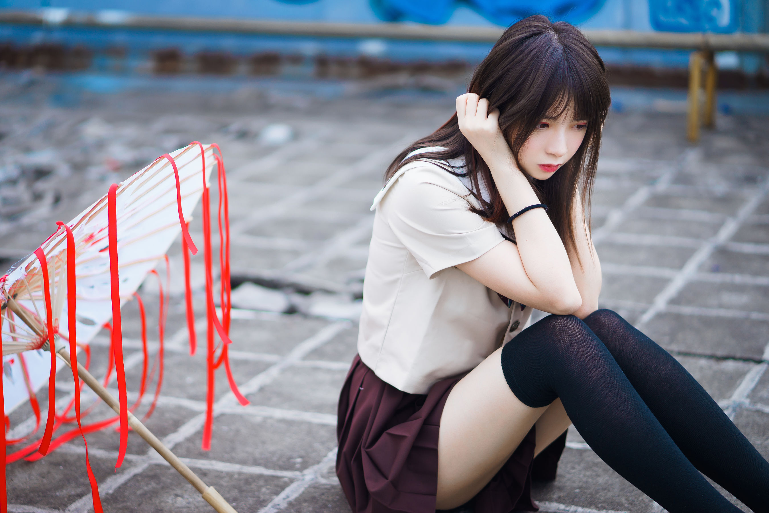 Women Model Asian School Uniform Women Outdoors Urban Legs Long Hair Thigh High Socks 2699x1800