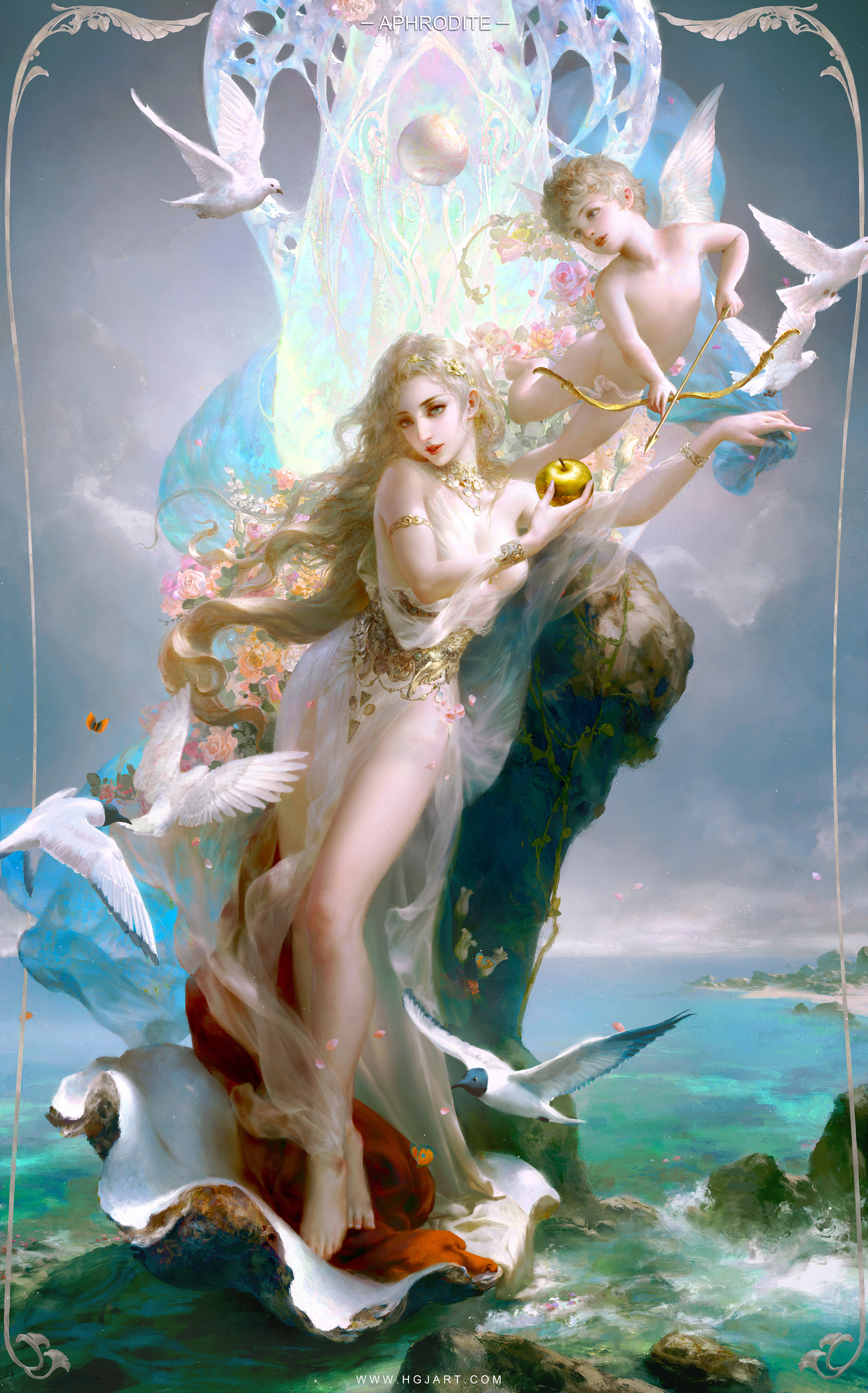Huang Guangjian Artwork Oil Painting Fantasy Girl Angel Birds Wings Angel Wings Aphrodite 1366x2191