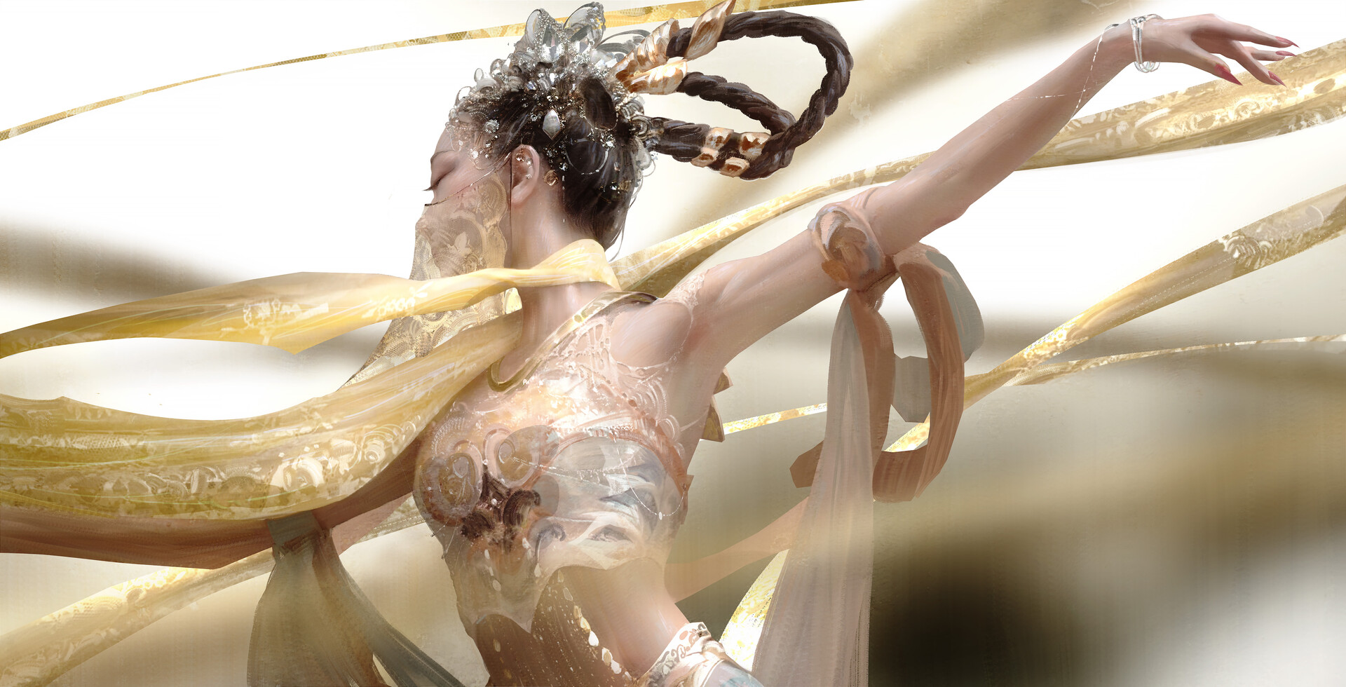 DannyLaiLai Illustration Digital Art Chinese Clothing Armpits Dancer Dancing Braided Hair Painted Na 1920x980