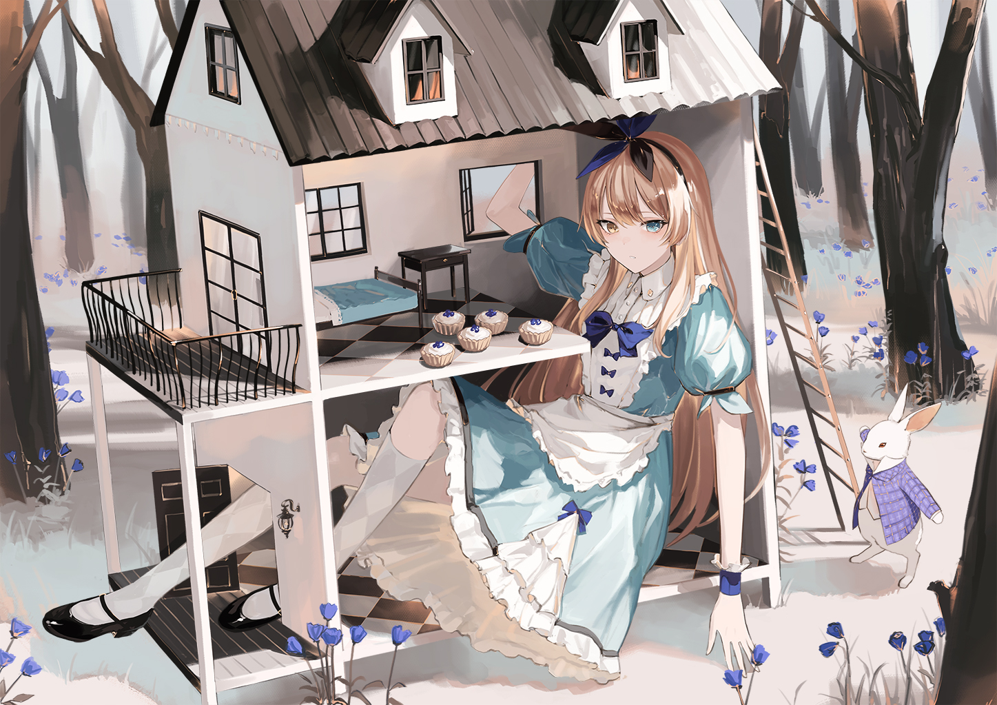 Alice In Wonderland House White Rabbit Blue Dress Heterochromia Flowers Blue Flowers Checkered Long  1447x1023