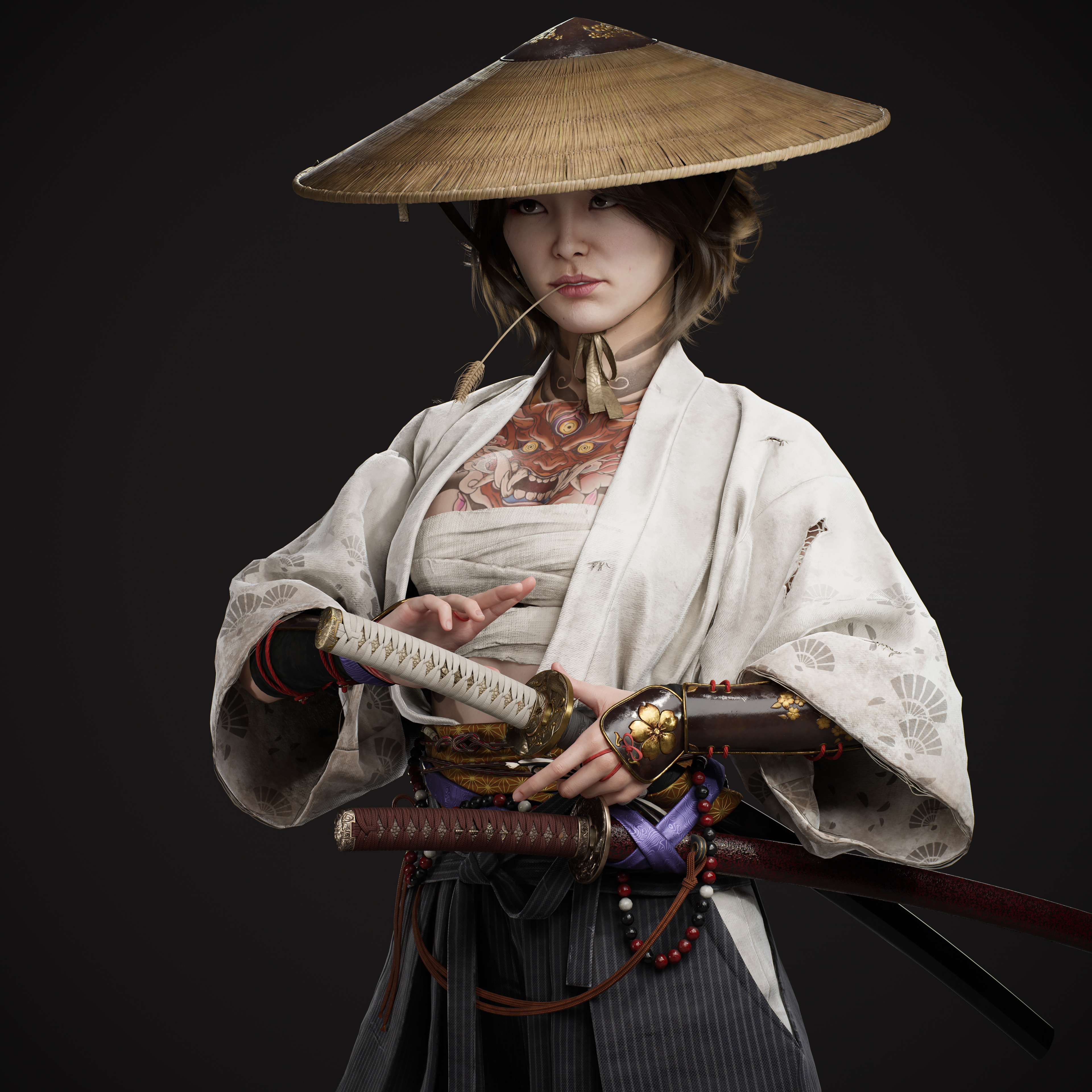Andres Castaneda Artwork Digital Art Illustration Women Samurai CGi Vertical Short Hair Katana Women 3840x3840
