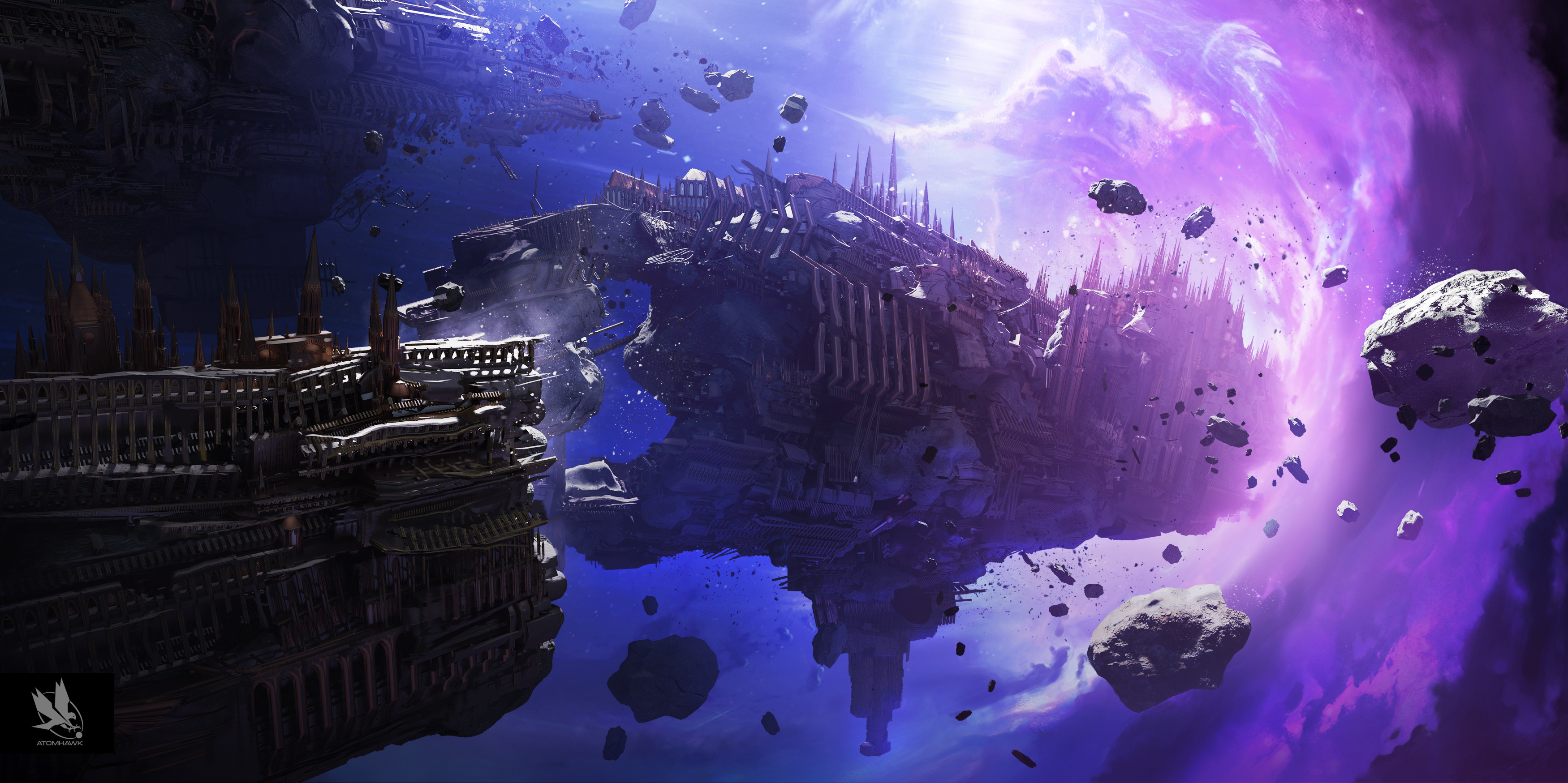 Warhammer 40 000 Spaceship Wormhole The Warp Purple Blue White Debris Wreck Video Games 3500x1749