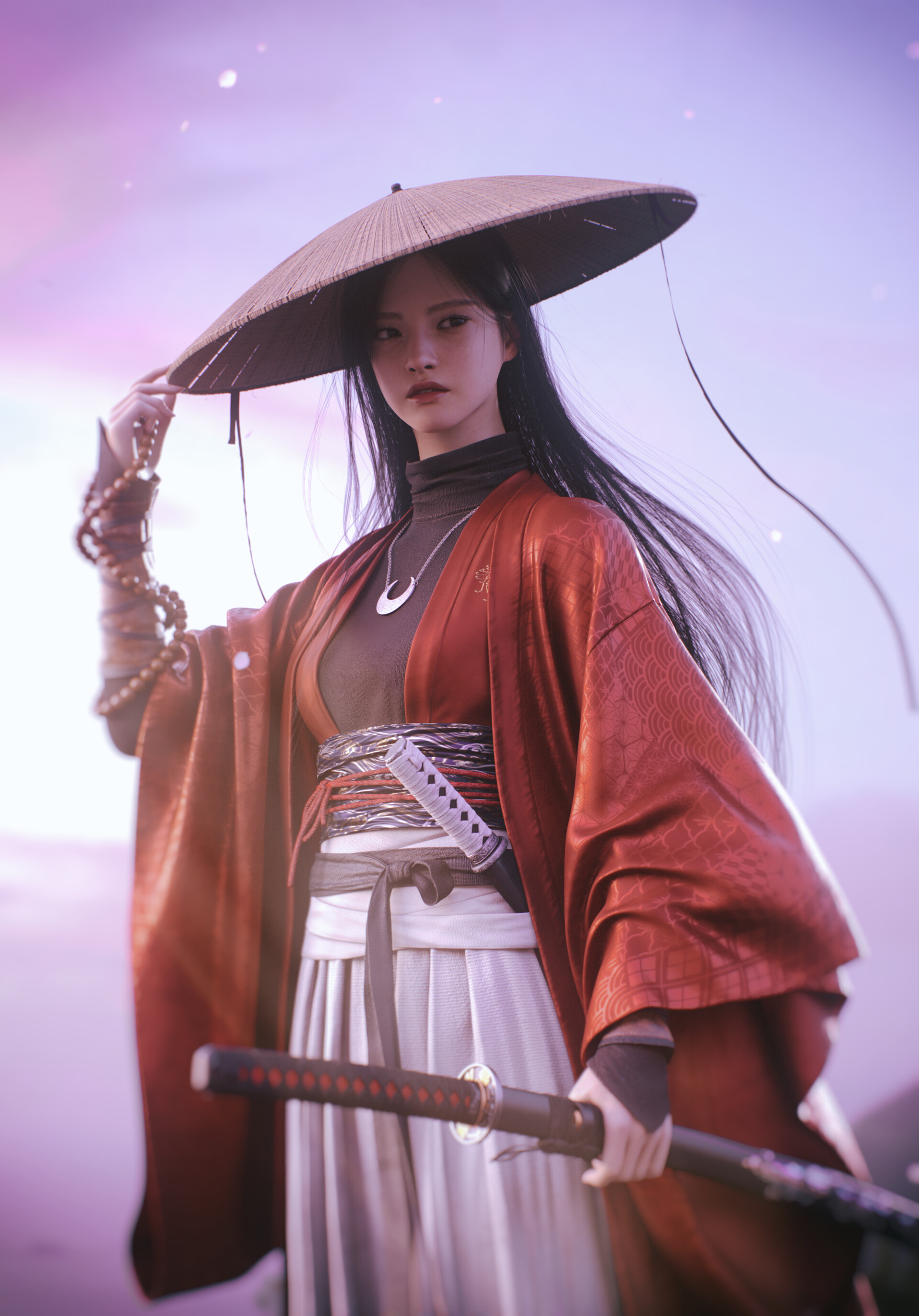 Kim Yeong Gyu CGi Women Samurai Hat Red Clothing Necklace Bright Digital Art Portrait Display 1920x2749