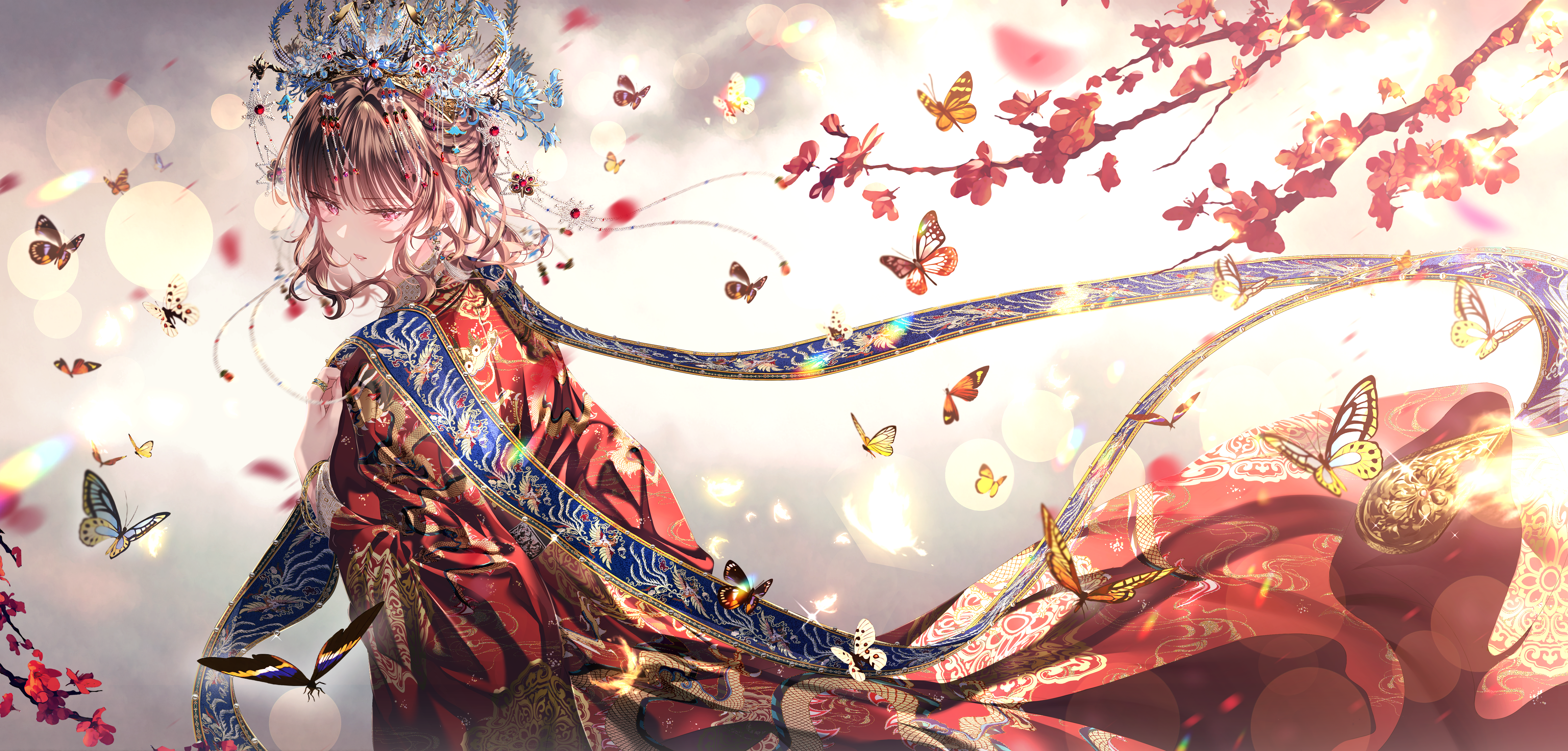 Pixiv Anime Anime Girls Butterfly Looking Back Petals 6528x3124