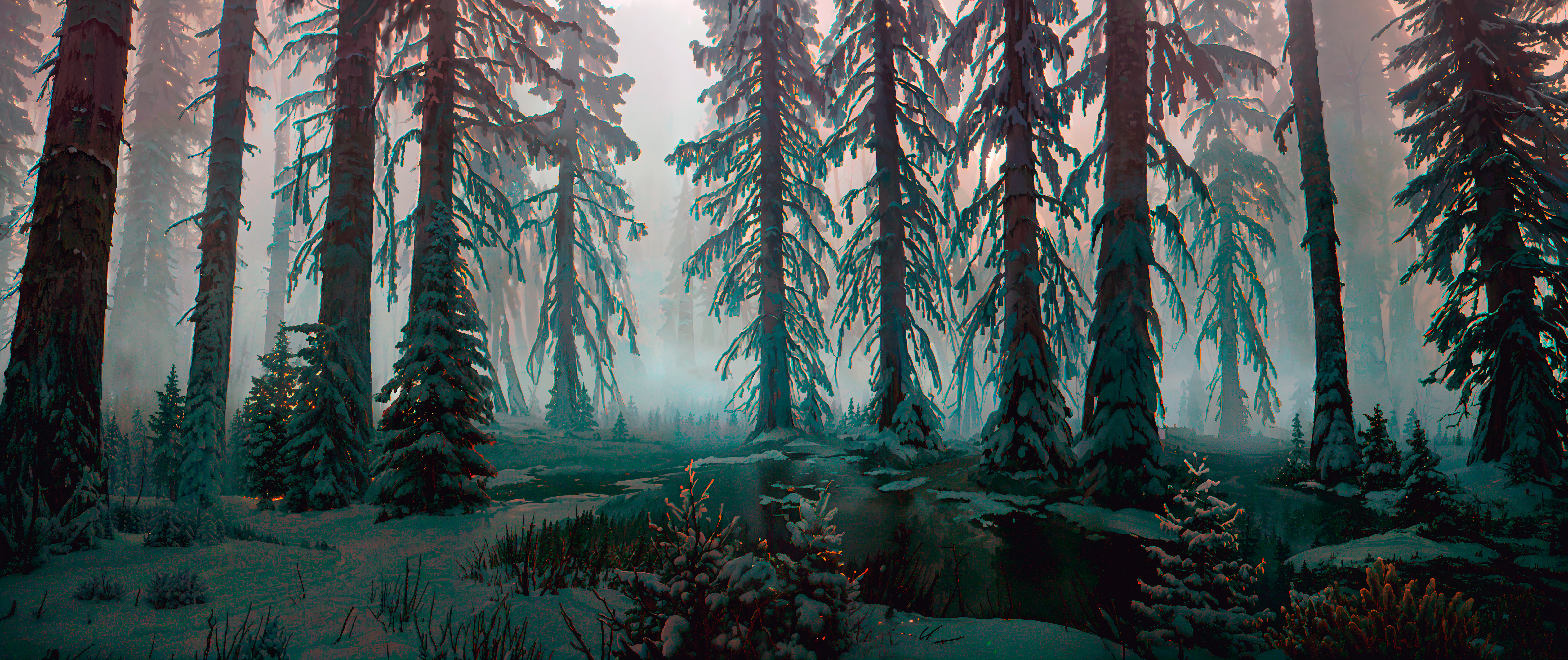 Neural Network Stable Diffusion Landscape Forest Snow Swamp Dark Cold Sunset Nature Trees Digital Ar 8192x3449
