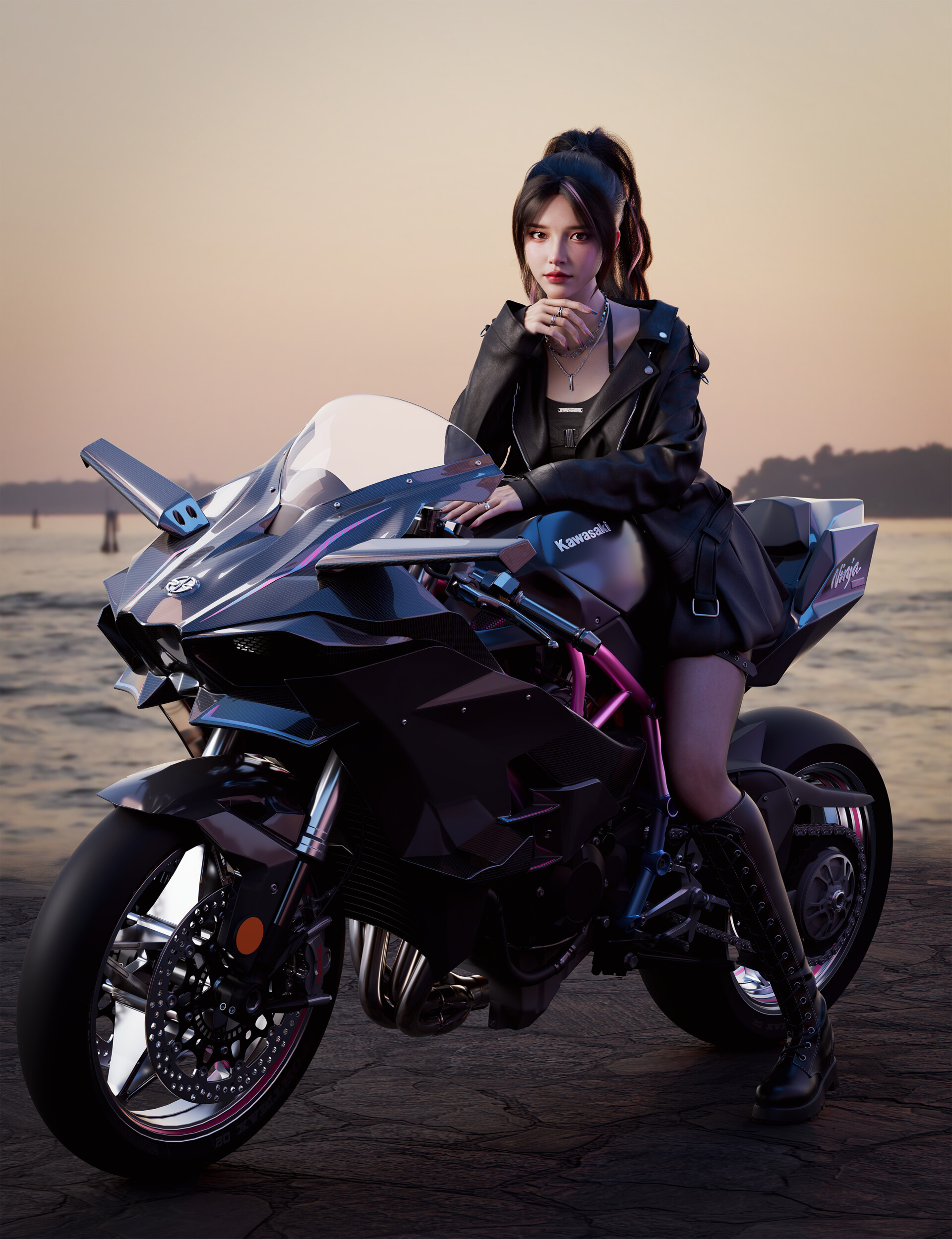 Shuai Liu Women CGi Digital Art Motorcycle Jacket Beach Ocean View Illustration Vertical Kawasaki 1920x2500