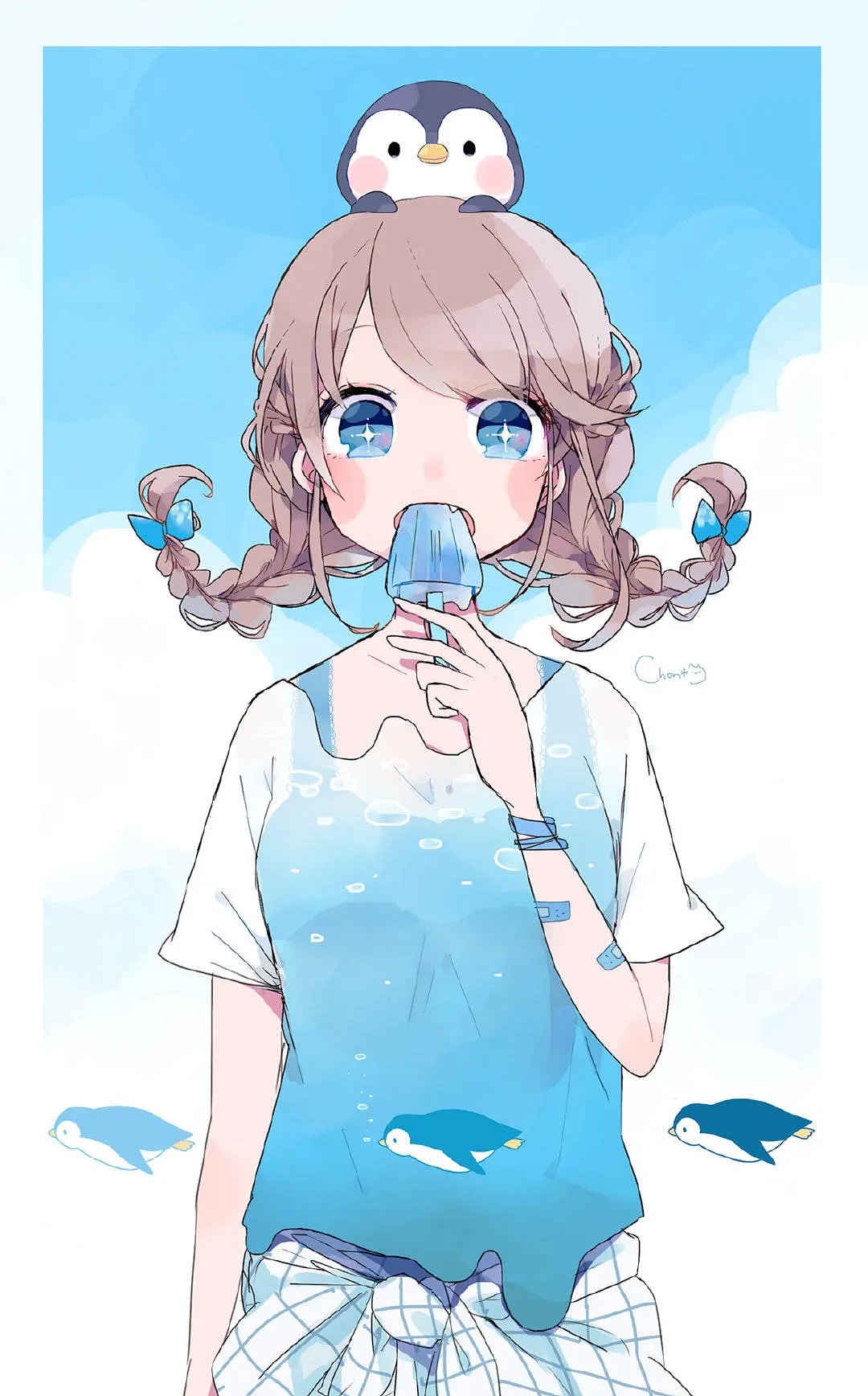 Blue Eyes Penguins Anime Anime Girls Digital Art Artwork 2D Blue Ice Cream Chon Water Vertical Braid 1080x1736