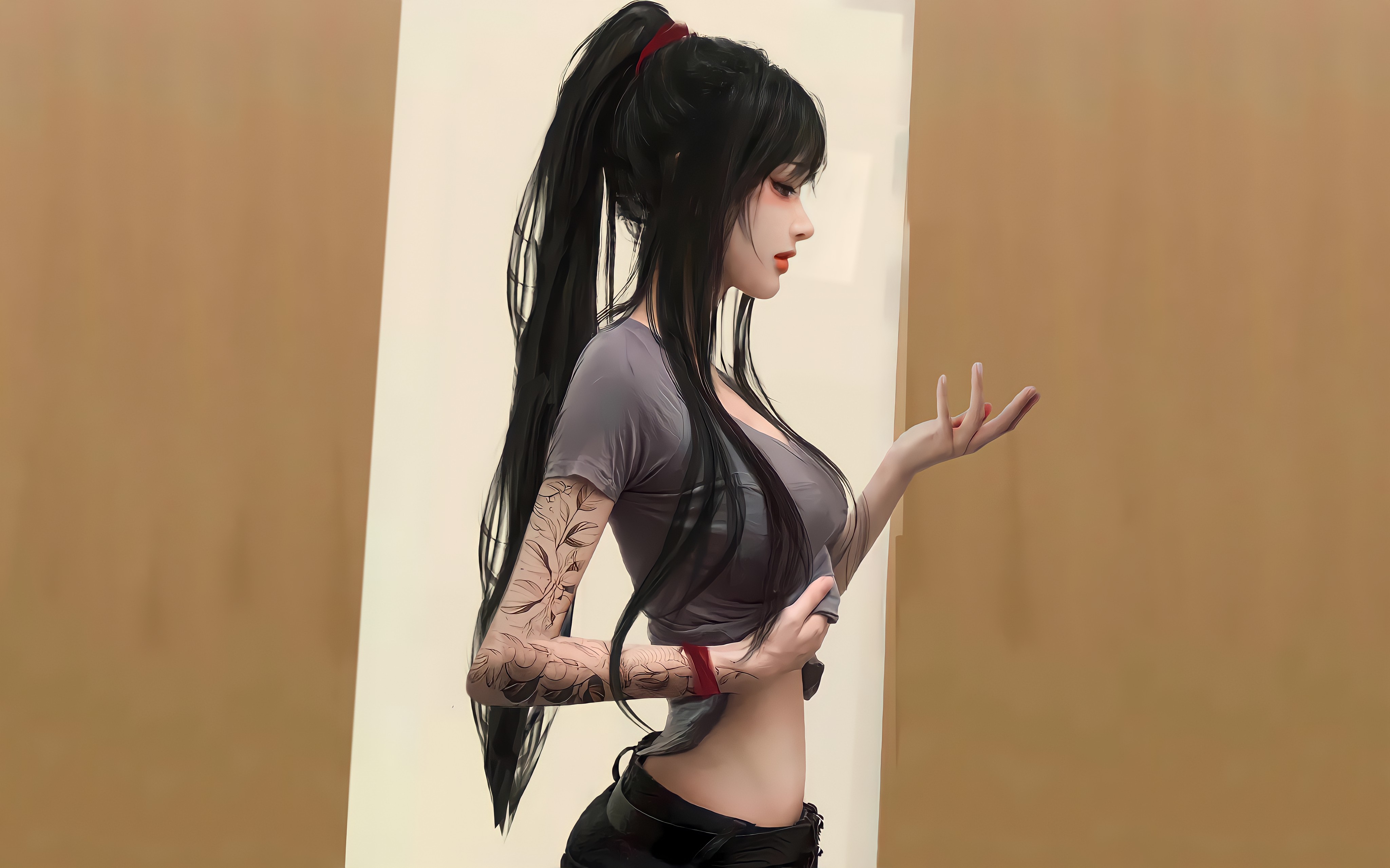 Long Hair Hand Gesture 3D CGi Fantasy Girl Tattoo 4096x2558