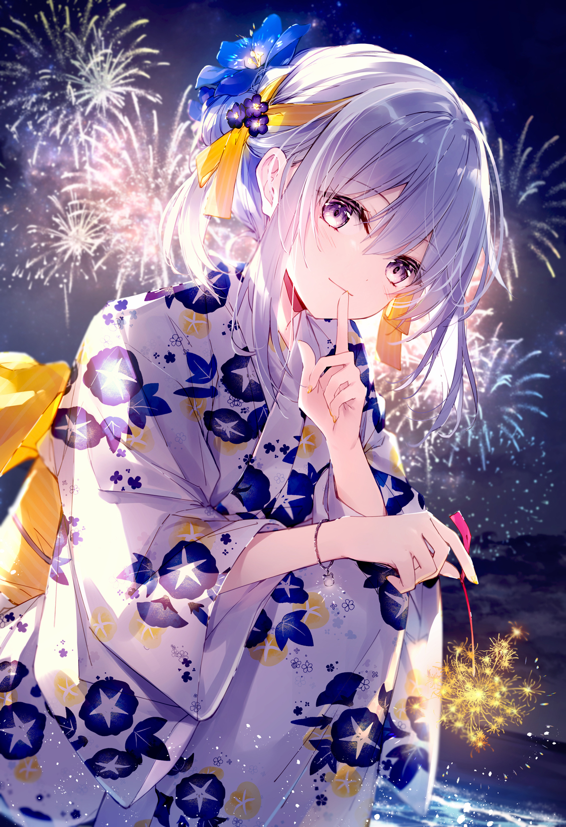 Anime Anime Girls Portrait Display Fireworks Looking At Viewer Smiling Hush Gesture Short Hair Flowe 1138x1663