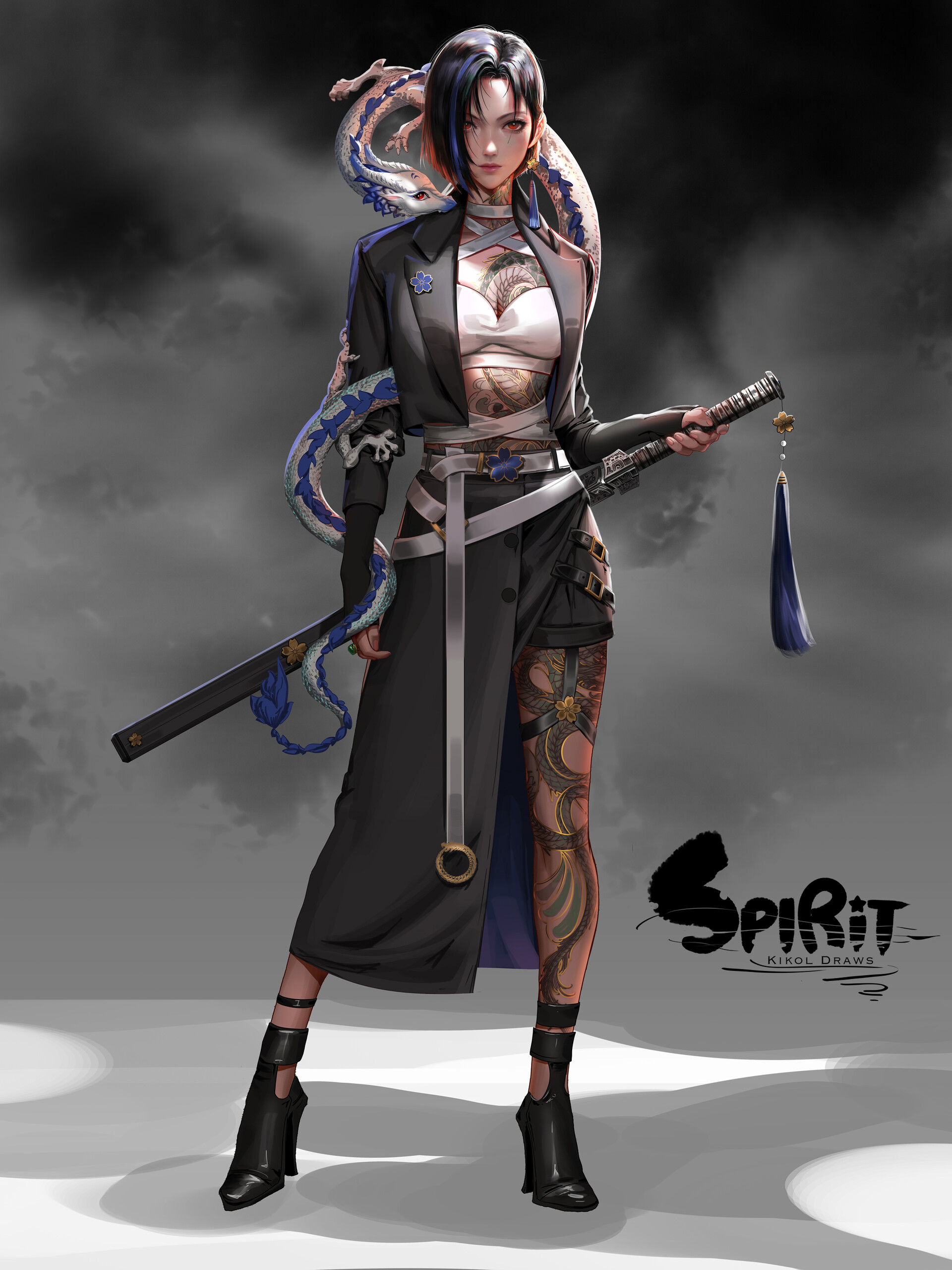 Liang Xing Digital Art Artwork Illustration Women Dragon Creature Dark Hair Katana Women With Swords 1920x2560