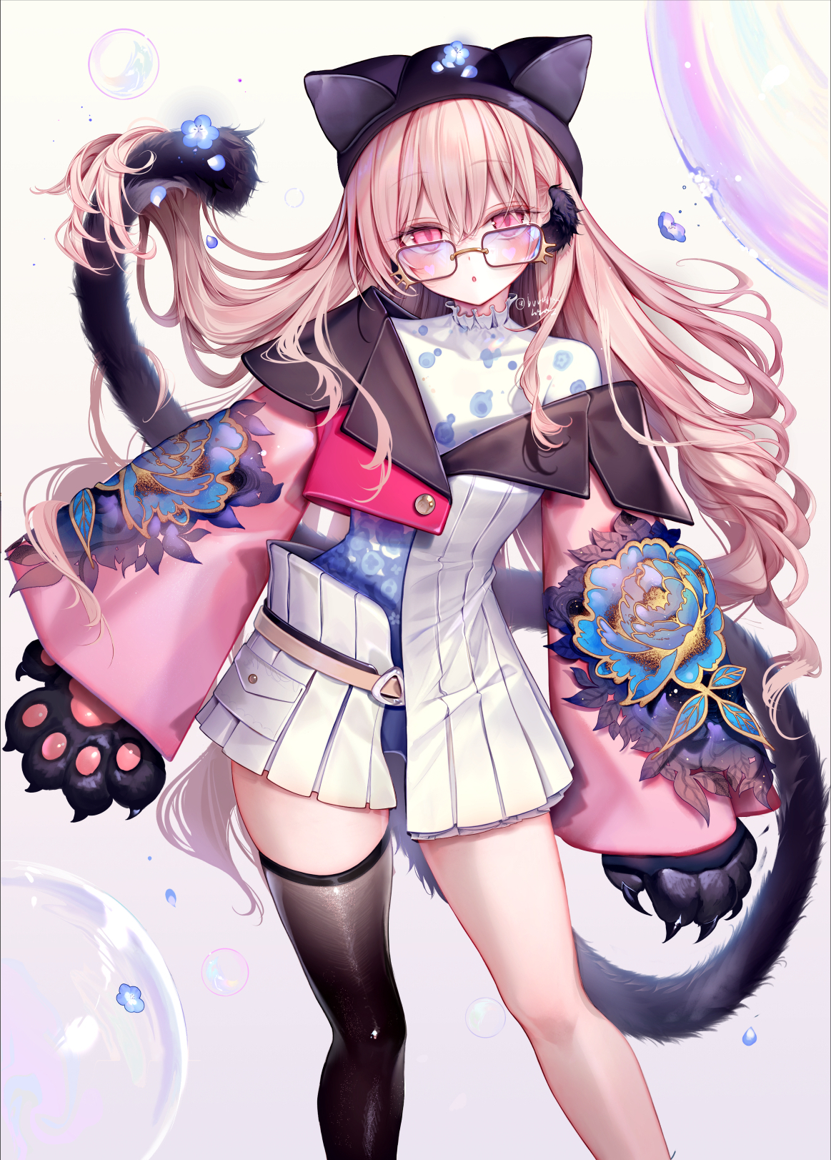 Original Characters Cat Girl Portrait Display Long Hair Blonde Pink Eyes Cat Ears Cat Tail Paws Glas 1163x1623