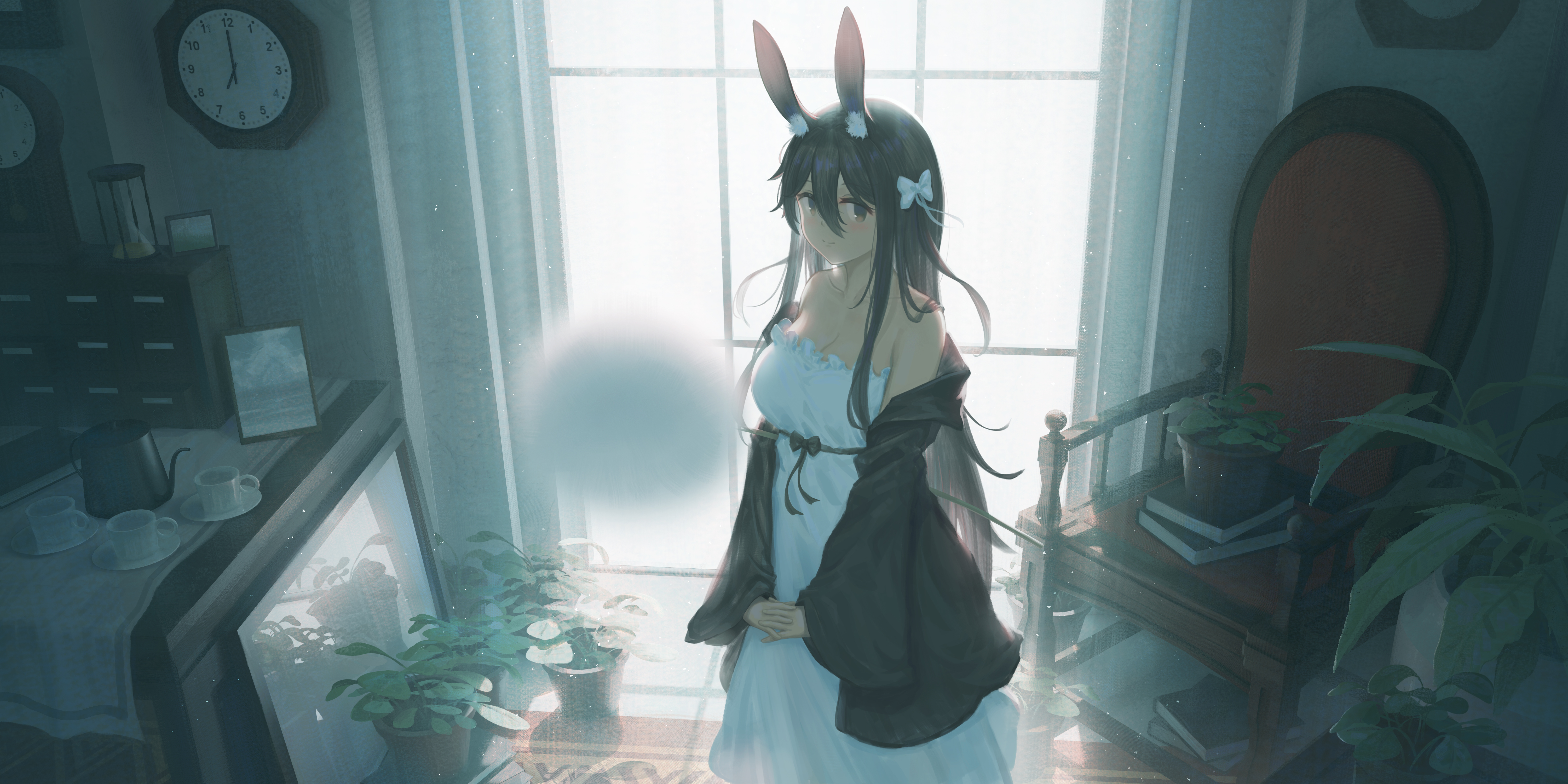 Anime Girls Artwork Bunny Girl Dress Room Standing Bunny Ears Chair Leaves Looking At Viewer Window  6000x3000