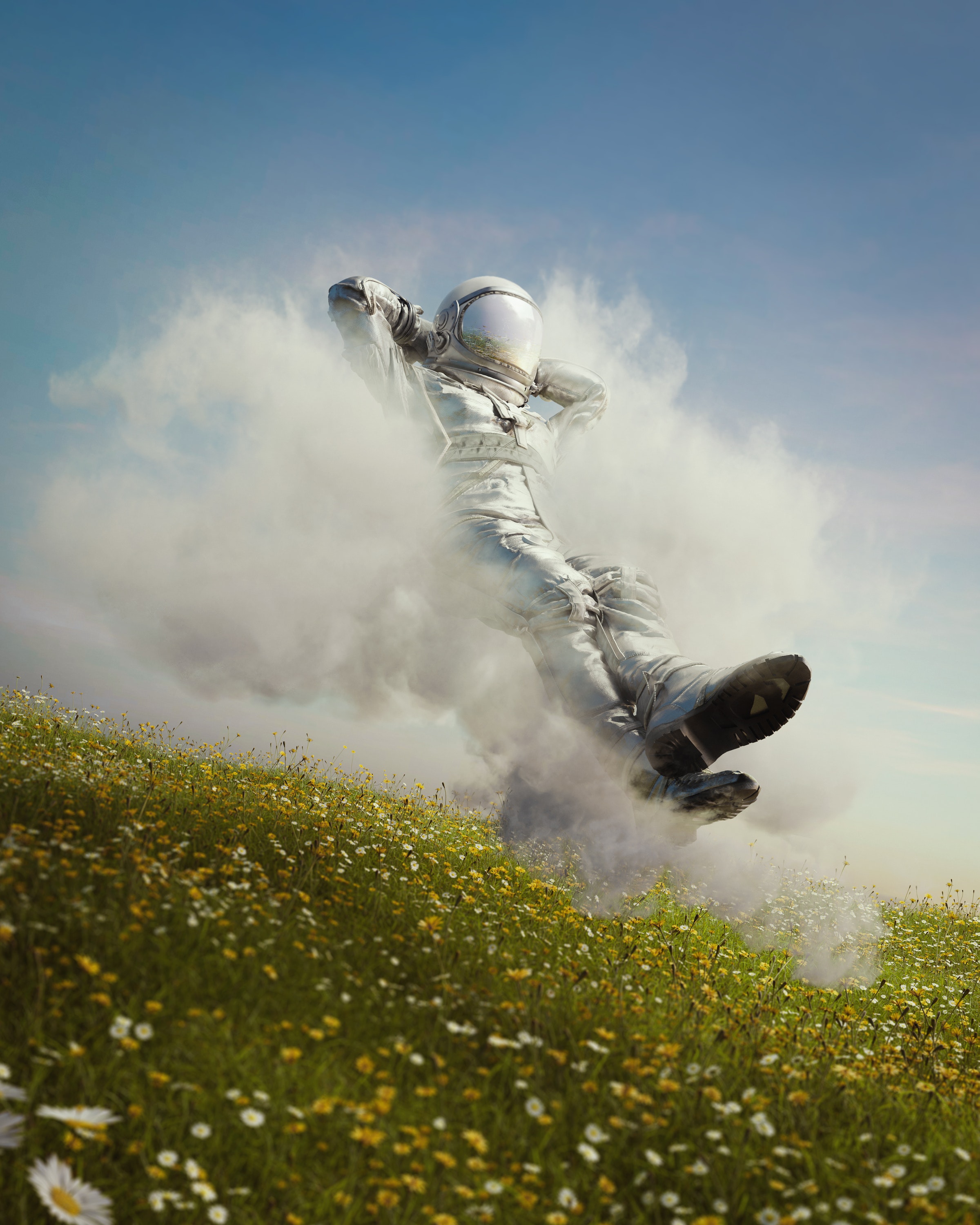 Shaun Jonas Digital Art Artwork Illustration Astronaut Floating Field Clouds Flowers 2400x3000