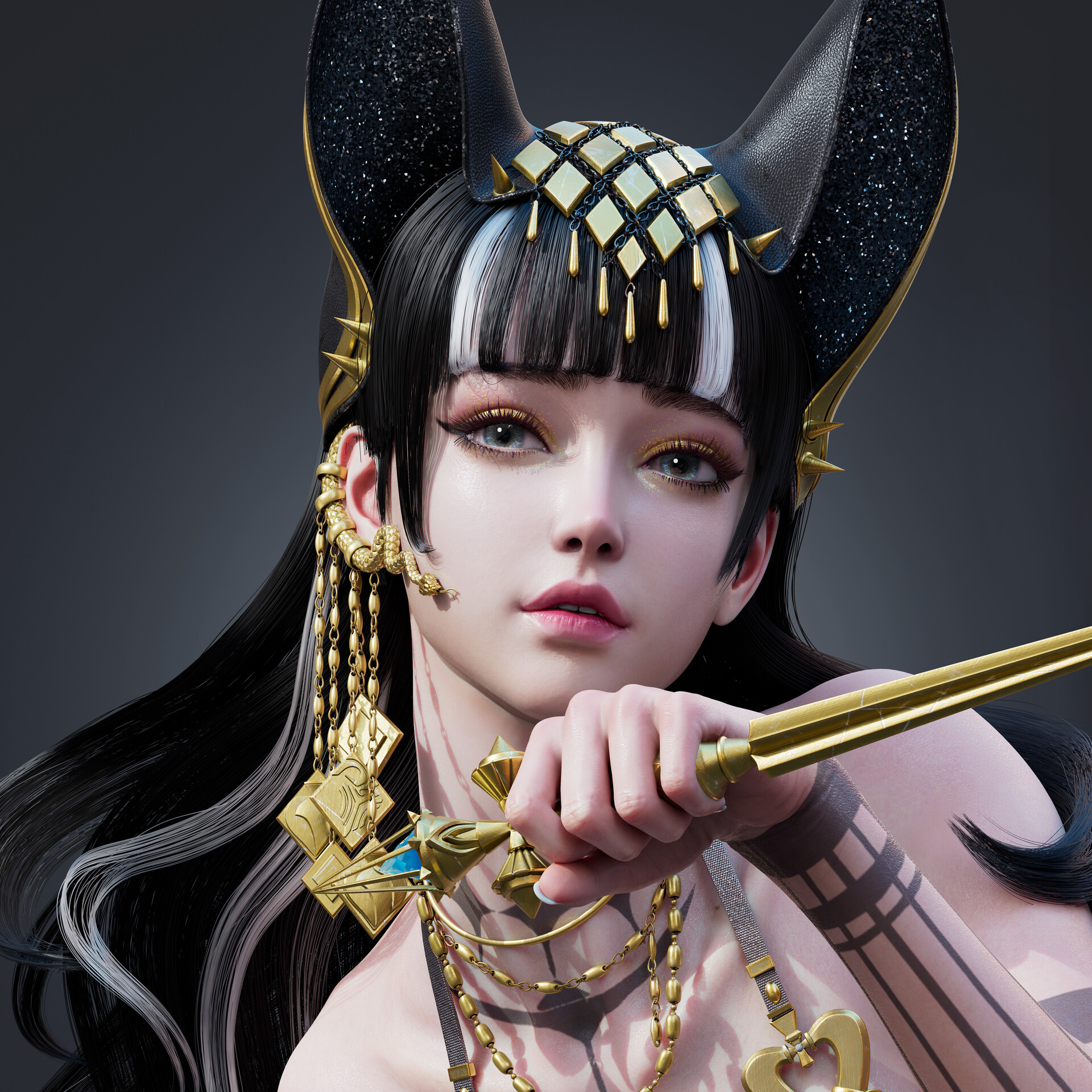 Tangqiuqiu CGi Women Dark Hair Long Hair Bangs Jewelry Hair Accessories Glamour Gold Weapon Dagger S 1920x1920