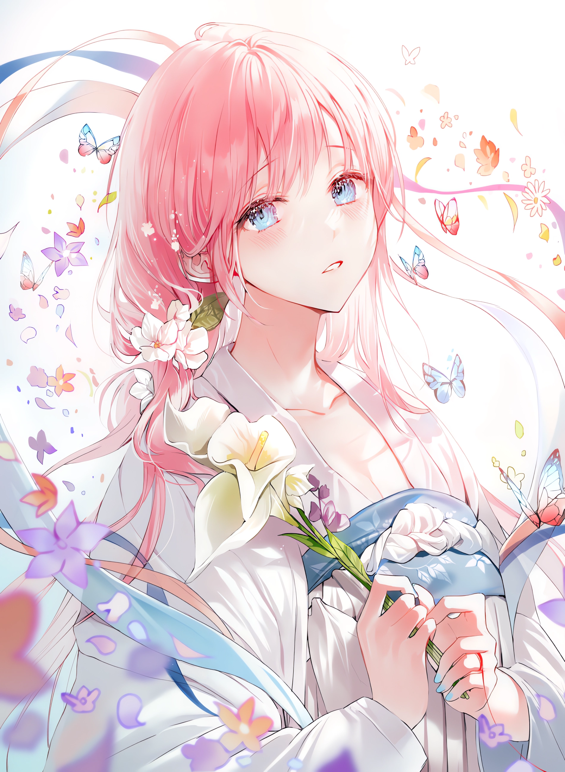 Anime Girls Anime Pink Hair Portrait Display Blue Eyes Looking At Viewer Flowers Petals Insect Butte 1900x2594