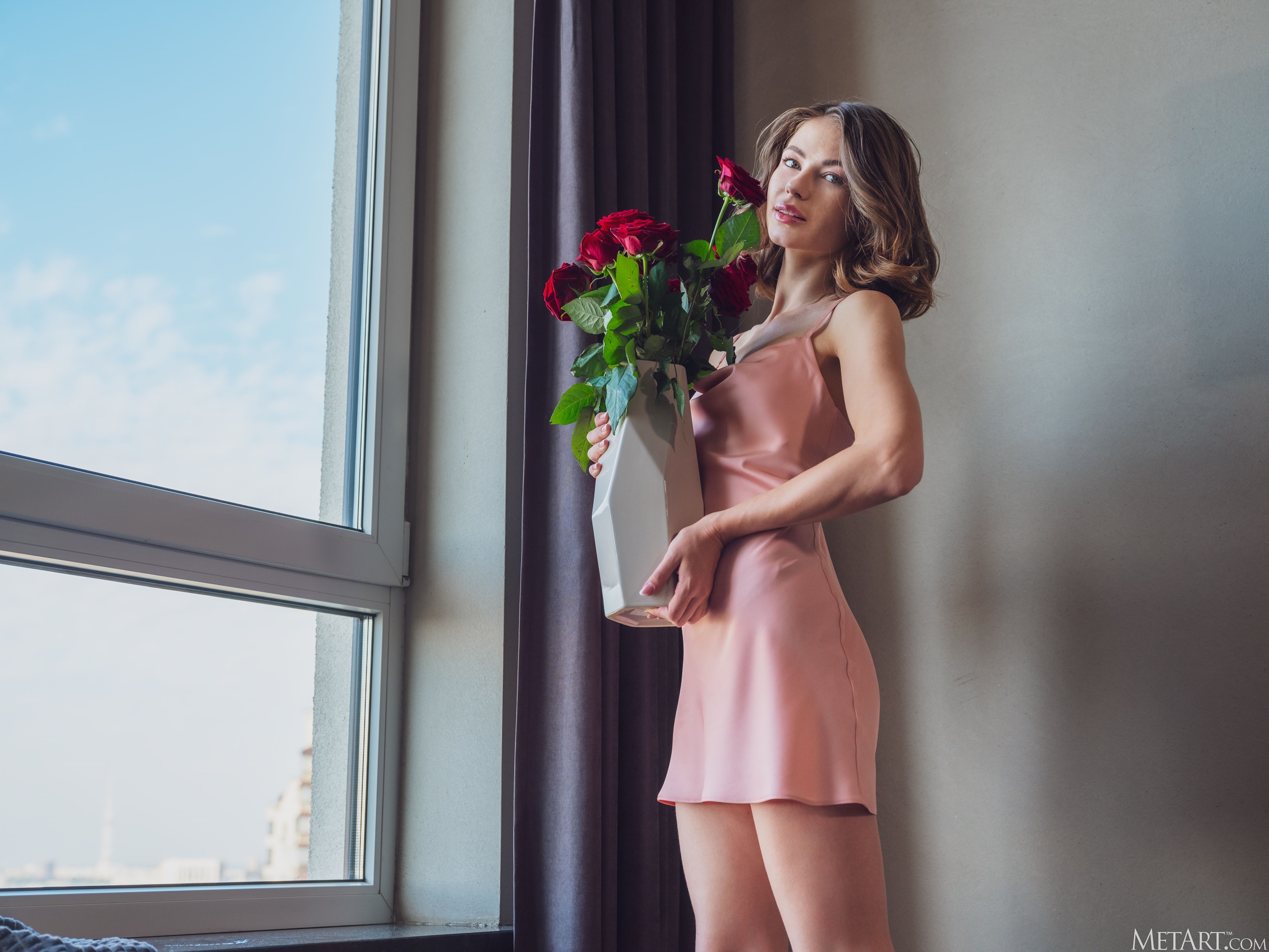 Women Model Brunette Dress Flowers Standing Looking At Viewer Window Bare Shoulders 2560x1920