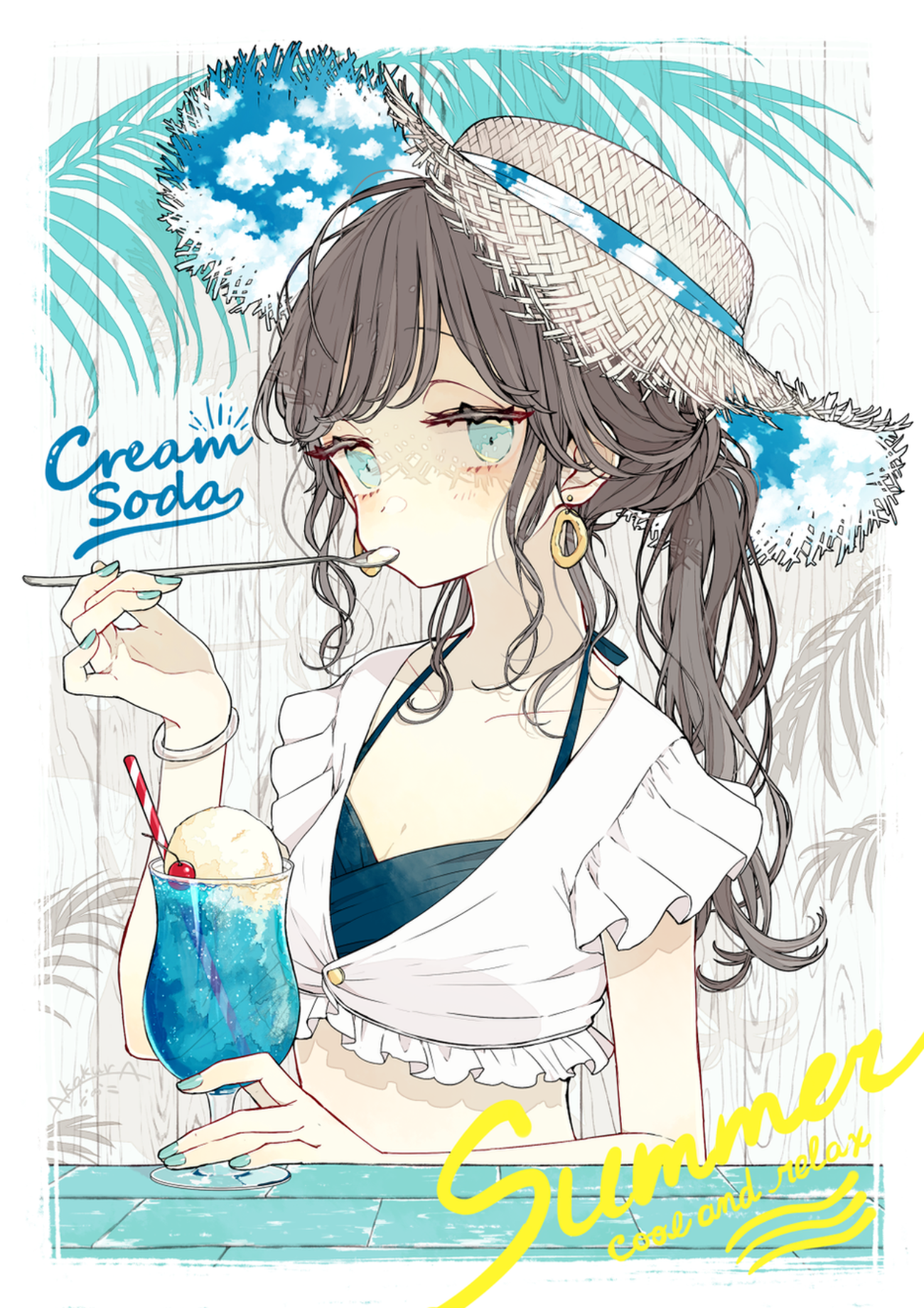 Akakura Pixiv Anime Girls Straw Hat Hat Drink Ice Cream 1300x1839