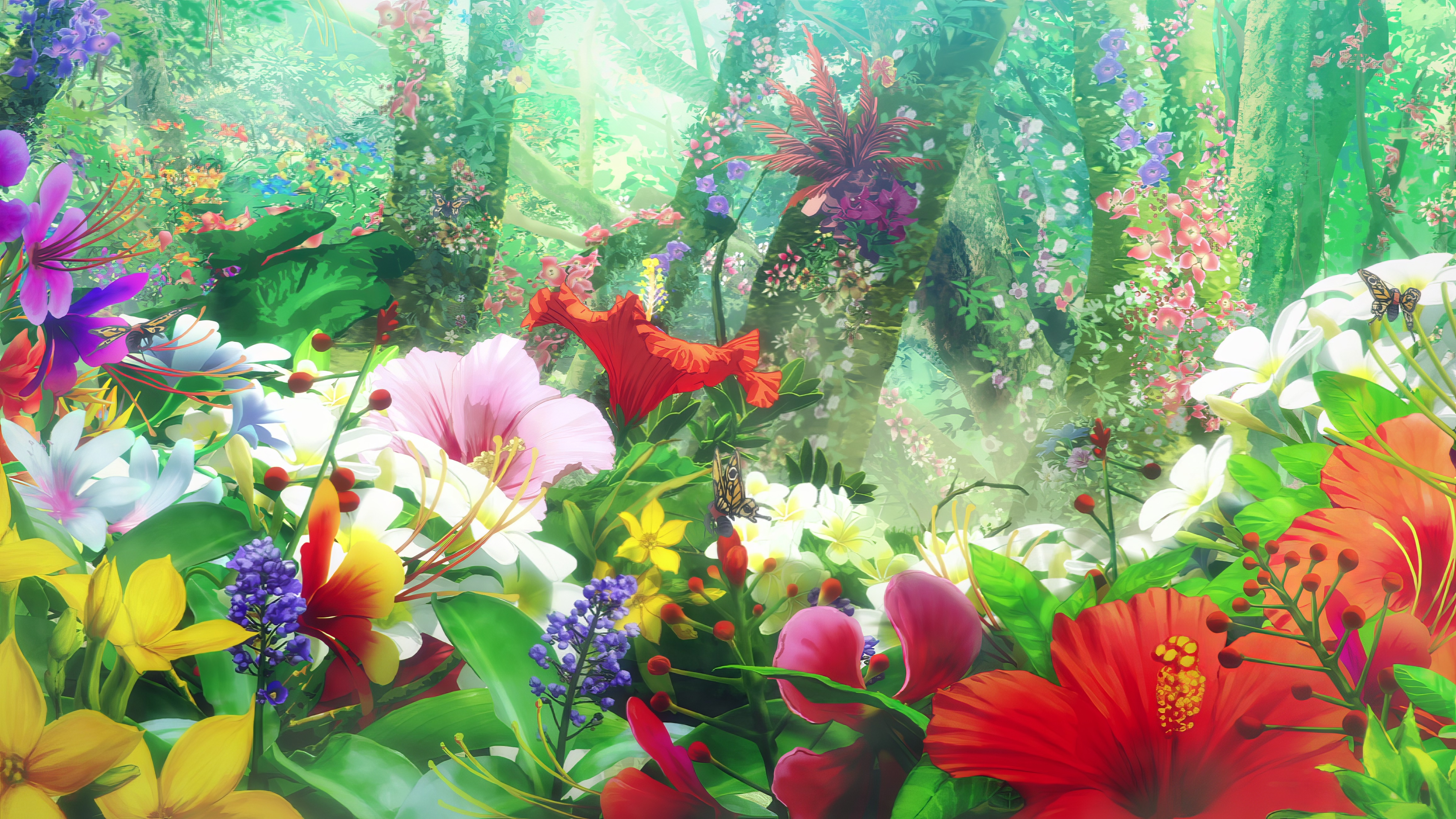 4K Anime Hells Paradise Jigokuraku Flowers Hibiscus Trees Butterfly Flower Garden 4627x2603