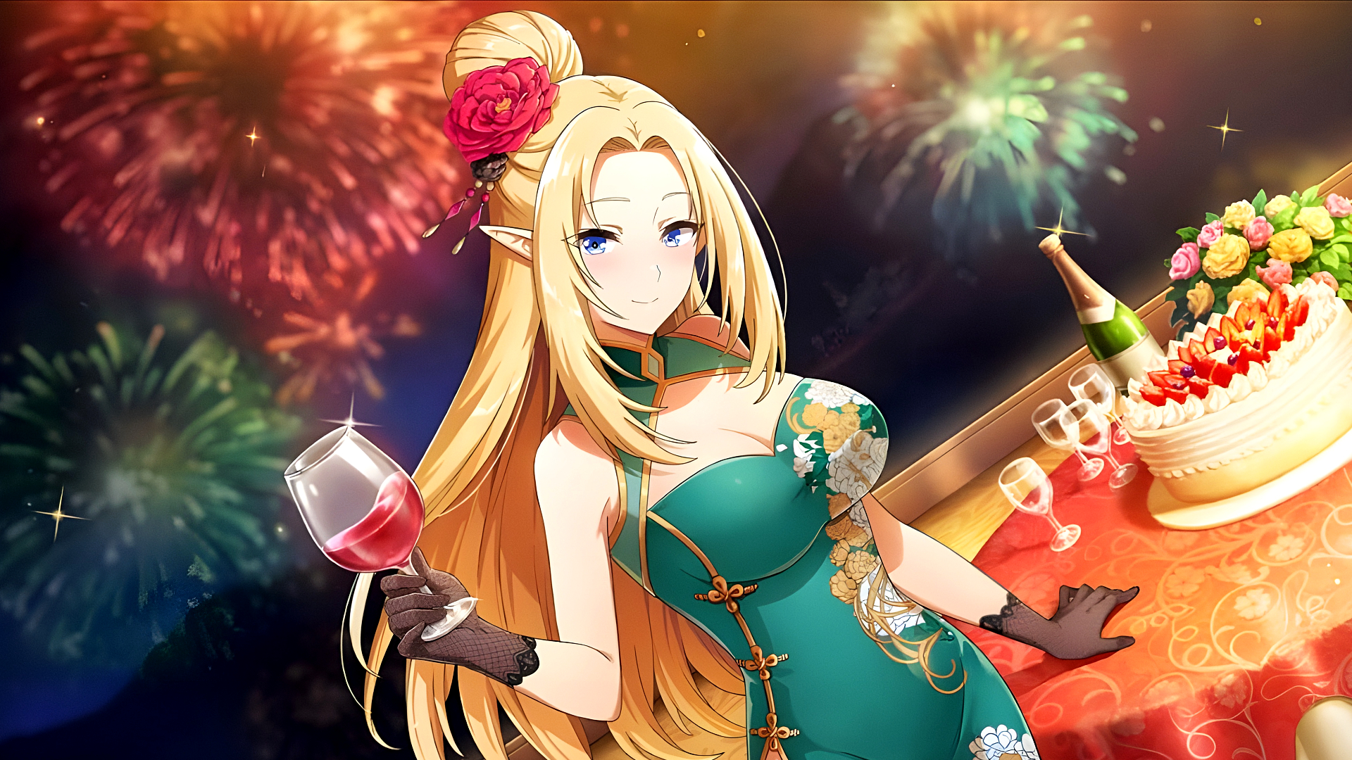The Eminence In Shadow Anime Shadow Garden Chinese Dress Fireworks Alpha Looking At Viewer Drink Lon 1920x1080