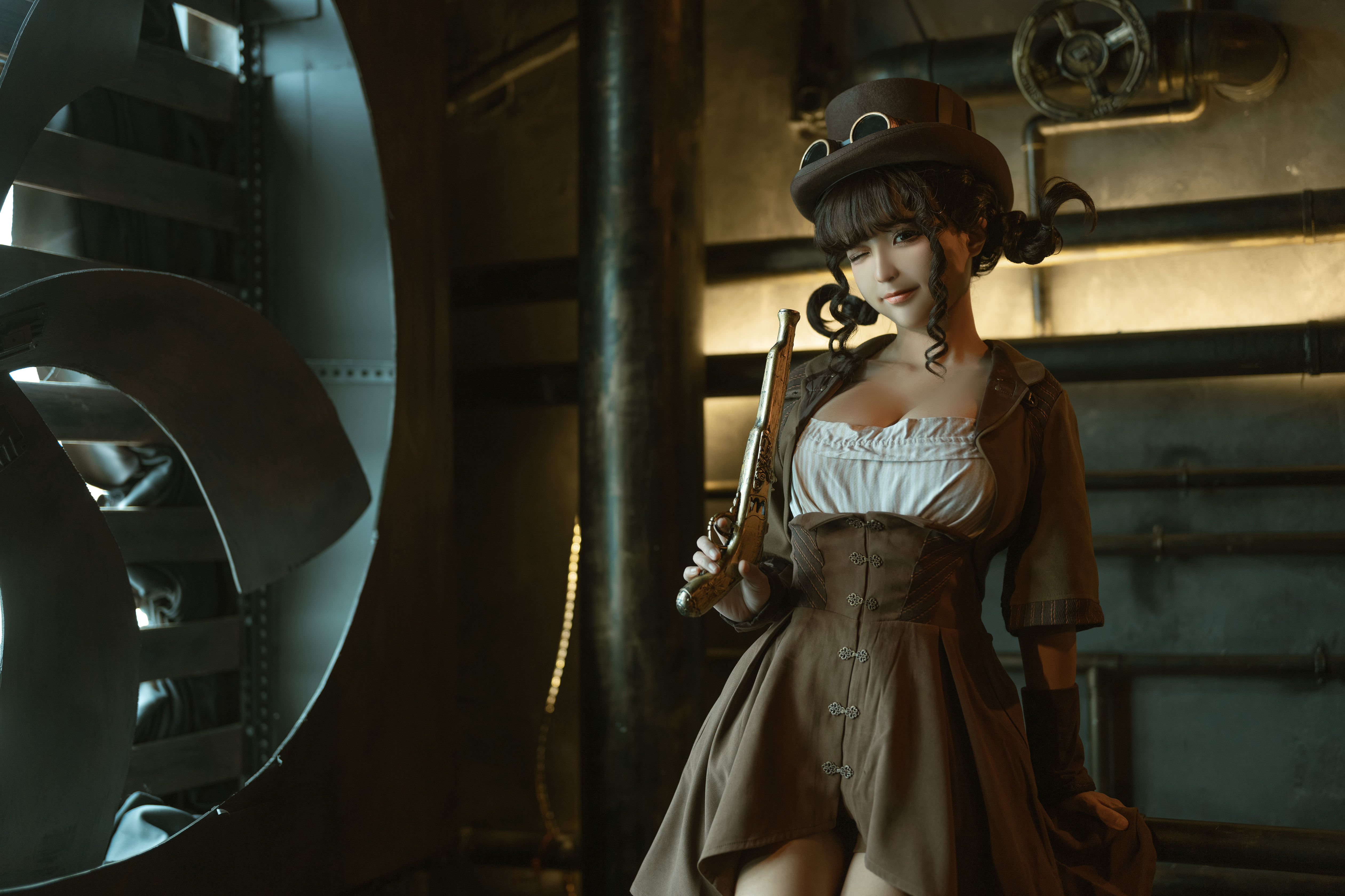 Women Model Asian Cosplay Steampunk Steampunk Girl Women Indoors Wink Women With Hats Dress Weapon 5040x3360