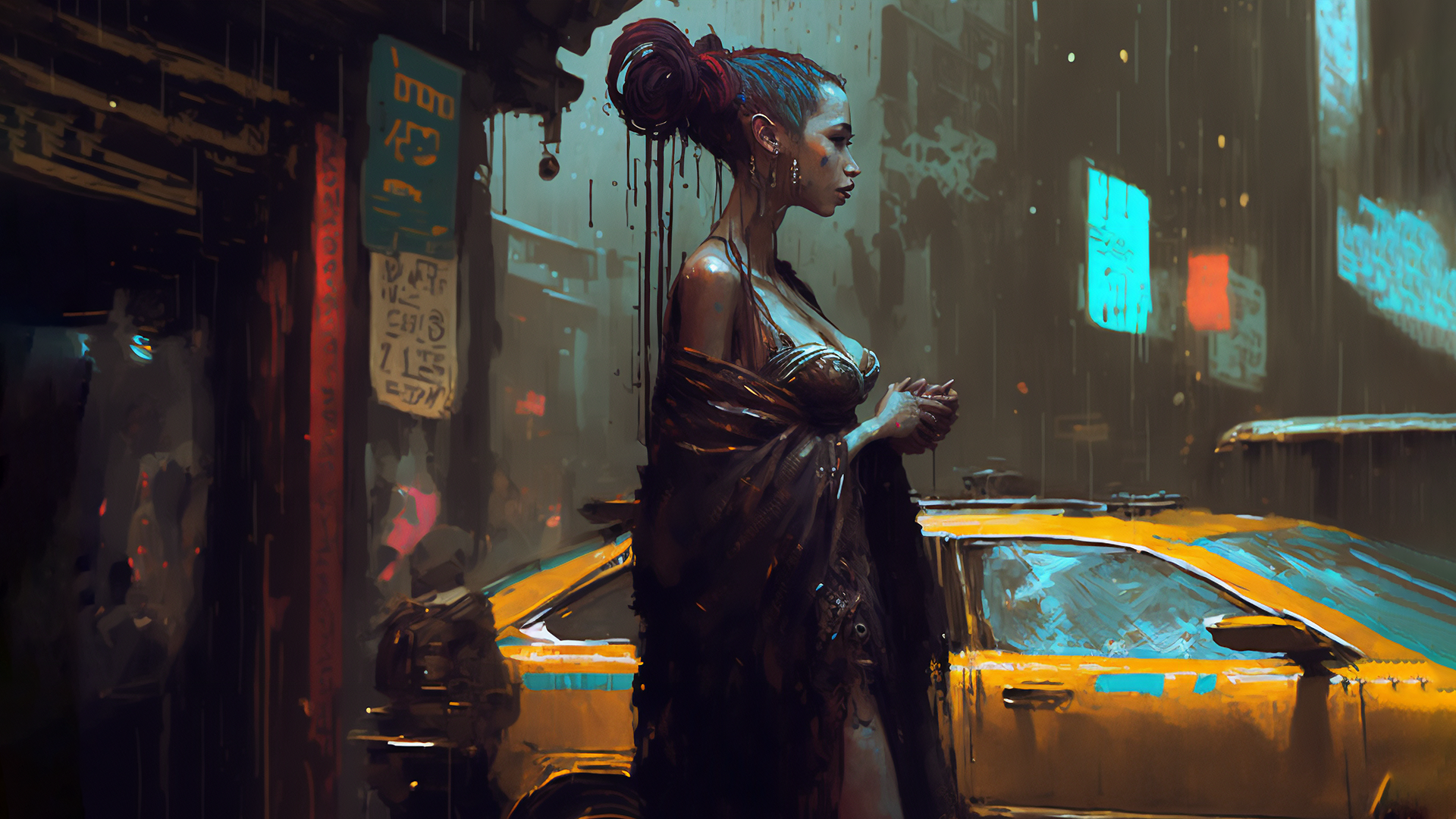 Ai Art Cyberpunk City Illustration Women Taxi Painting 1920x1080