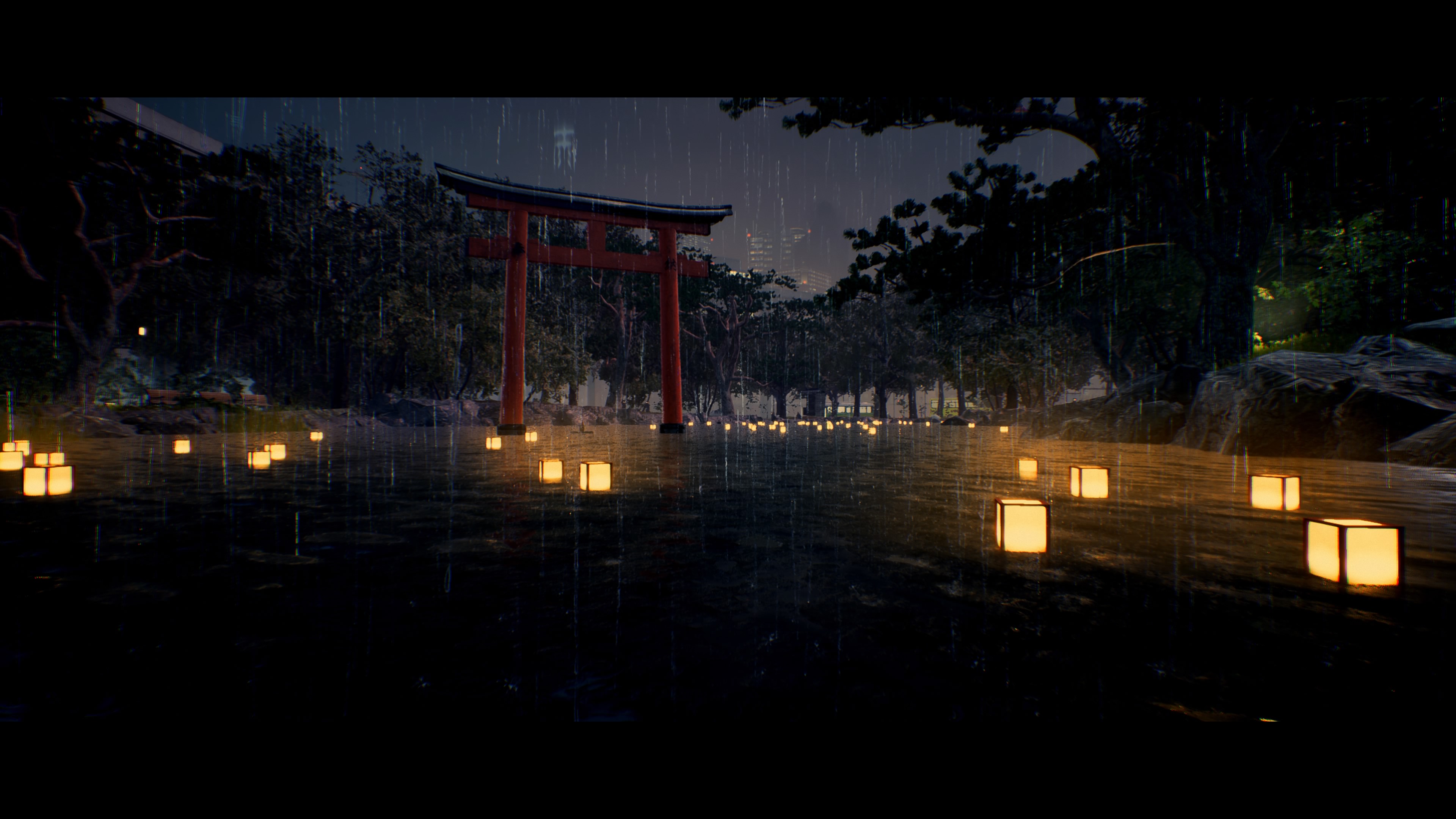 Ghostwire Wire Tokyo Ghostwire Video Games Screen Shot Shibuya Torii CGi Rain Lights Trees Night 3840x2160