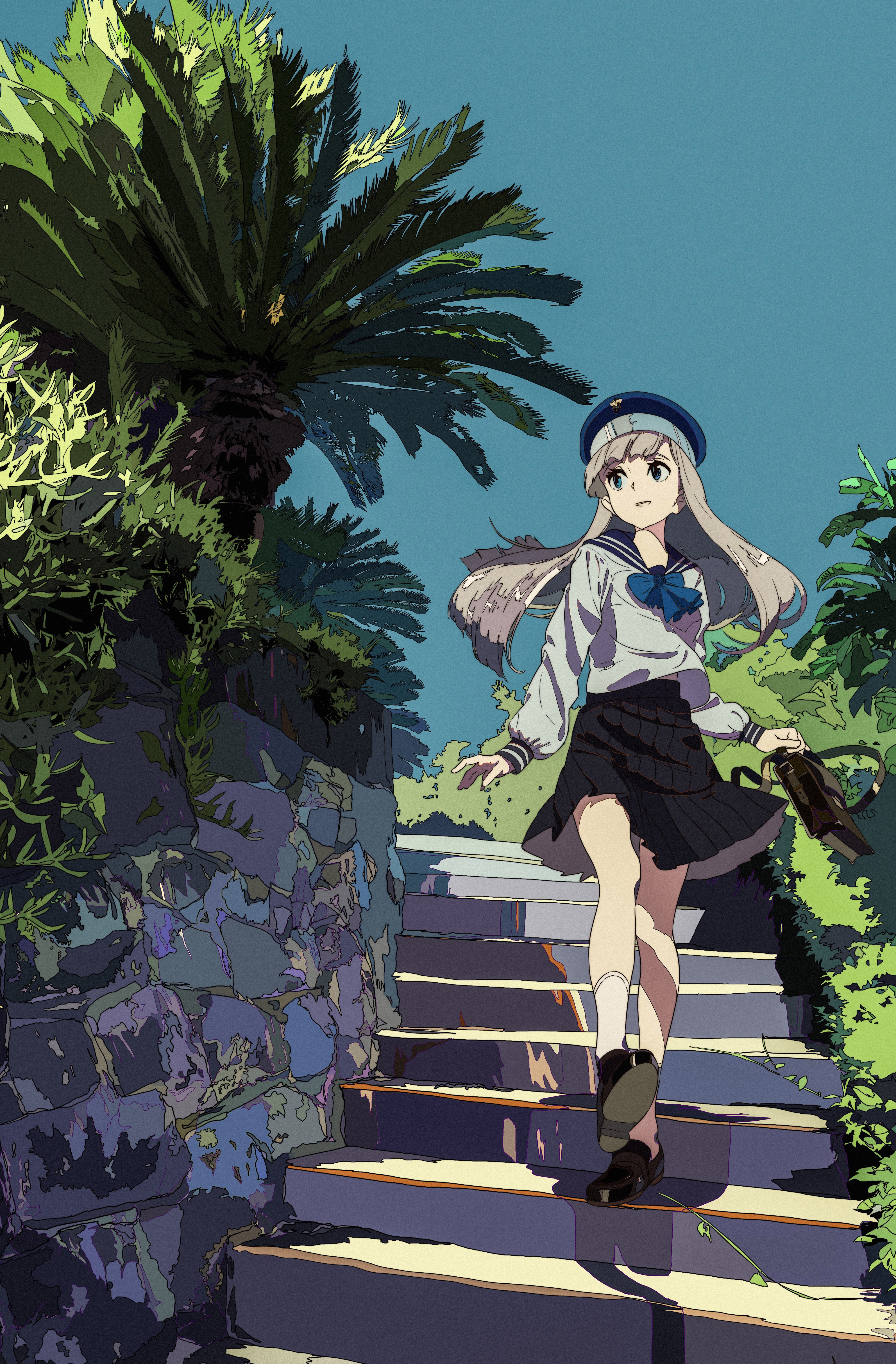 Cogecha Anime Anime Girls Portrait Display Schoolgirl School Uniform Stairs Stars Long Hair Hat Look 3979x6058
