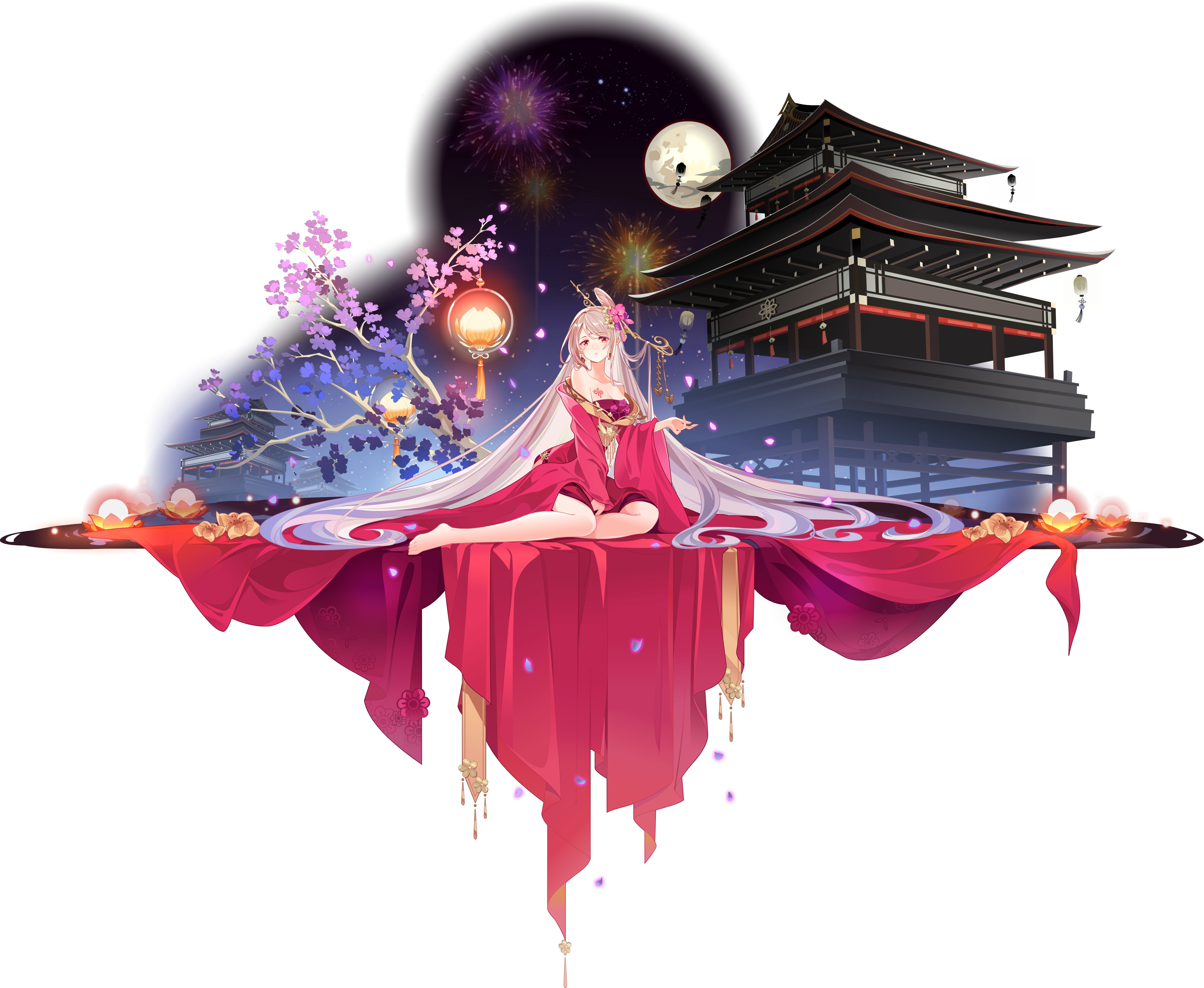 Chinese Architecture Chinese Clothing Chinese Dress Anime Girls Moon Red Eyes Long Hair 4406x3614