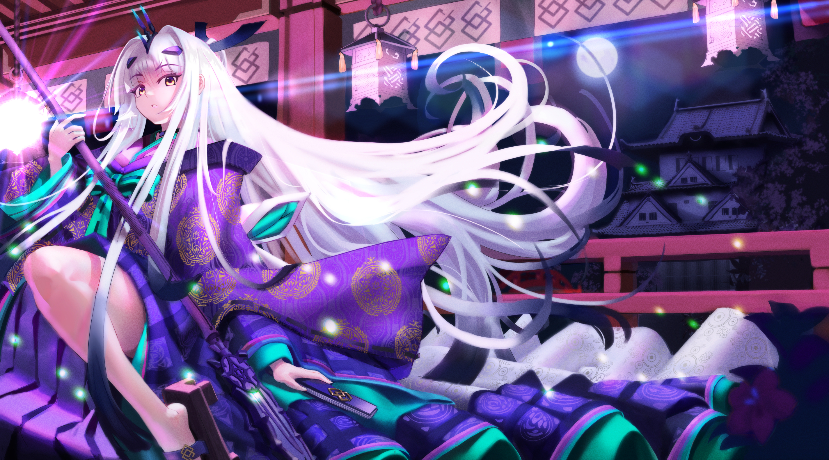 Anime Girls Anime Fate Grand Order Fate Series Long Hair White Hair Yellow Eyes Asian Architecture L 2849x1581