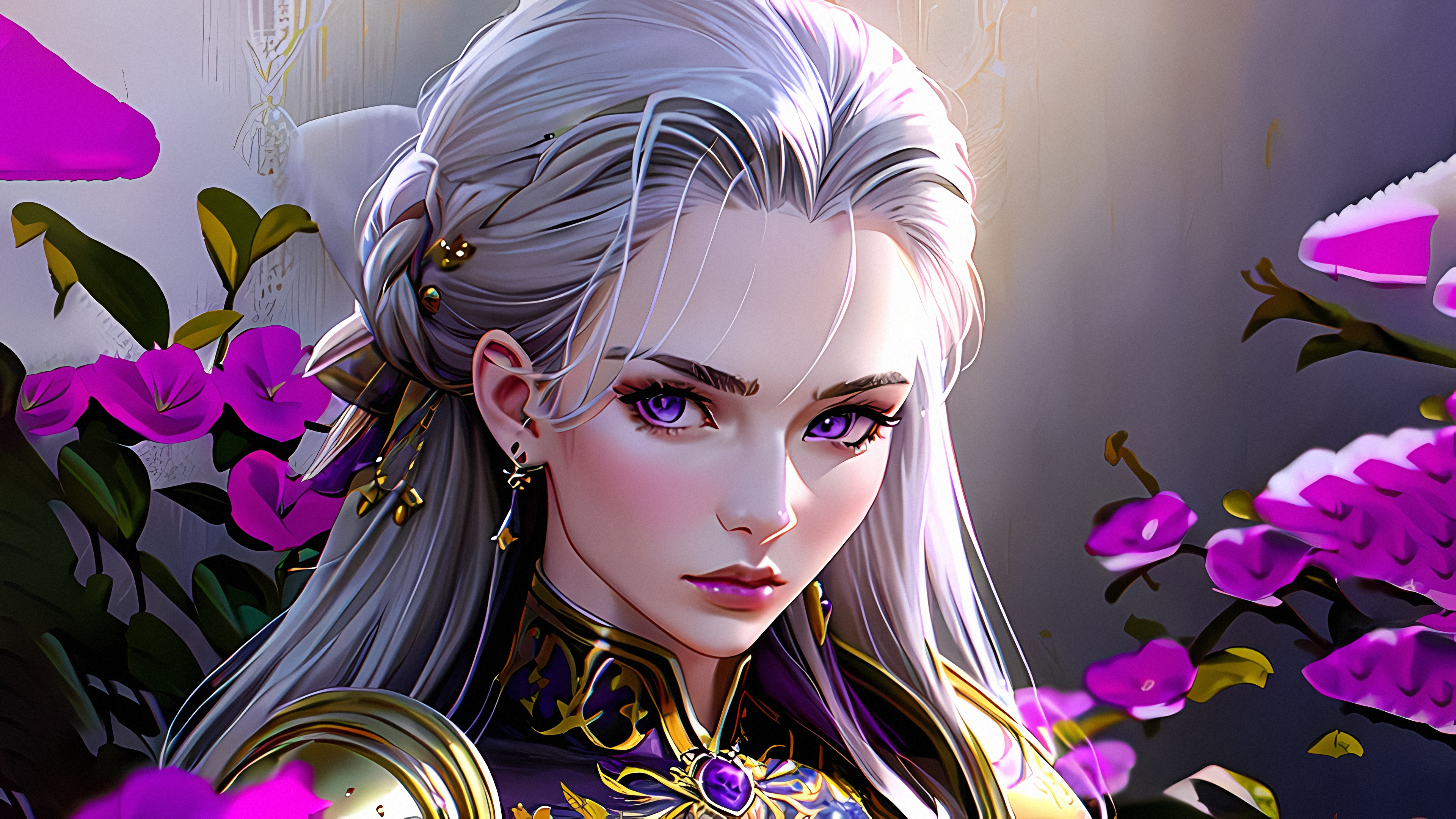 Stable Diffusion 4K Women Ai Art Yellow Silver Hair Pink Purple Flowers 3840x2160