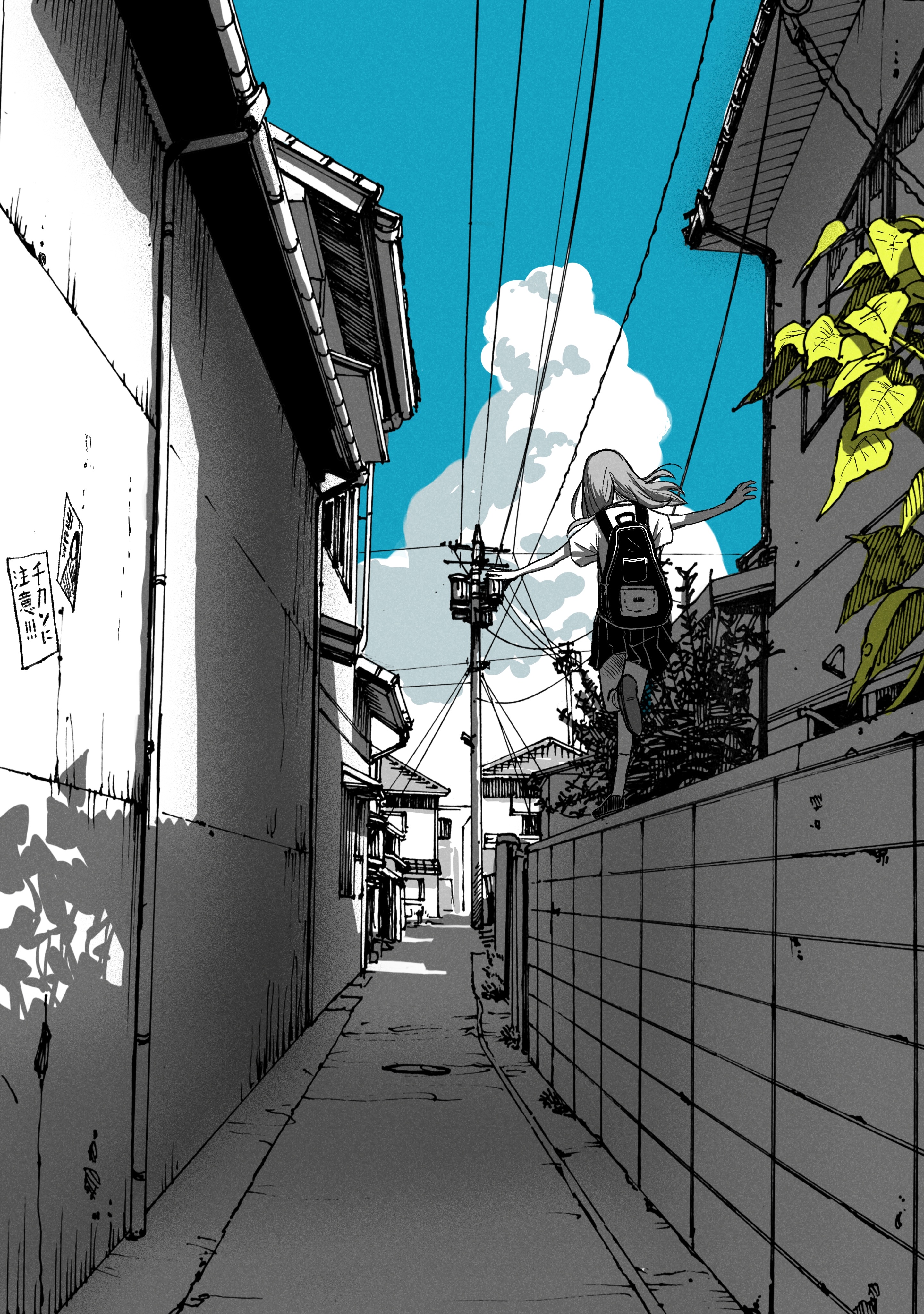 Anime Girls Artwork Digital Art Blue Sky Running Wall Freedom Street Wires Schoolgirl Backpacks Clou 2881x4096