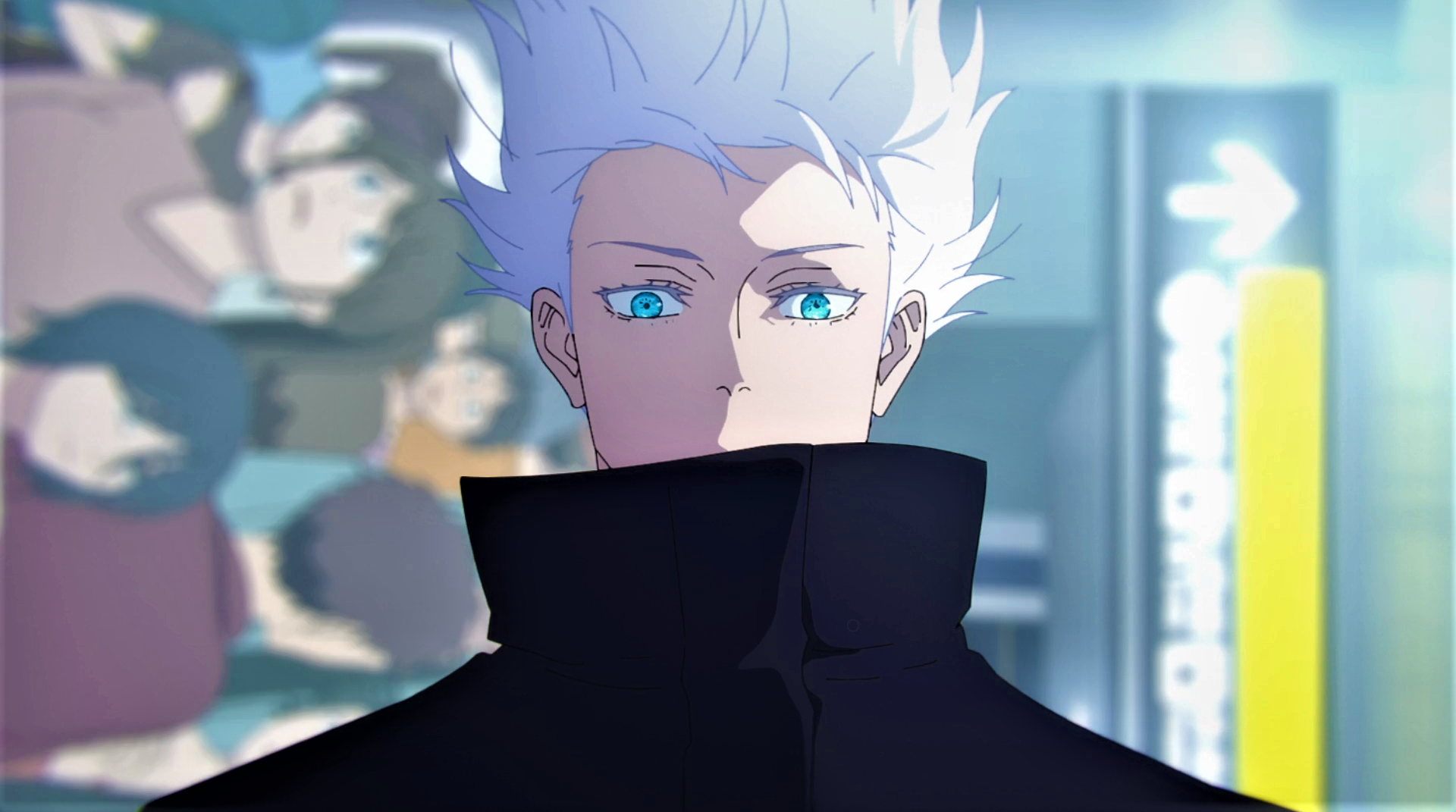 Jujutsu Kaisen Satoru Gojo White Hair Blue Eyes Uniform Crowd Anime Anime Screenshot Anime Boys Look 1920x1071