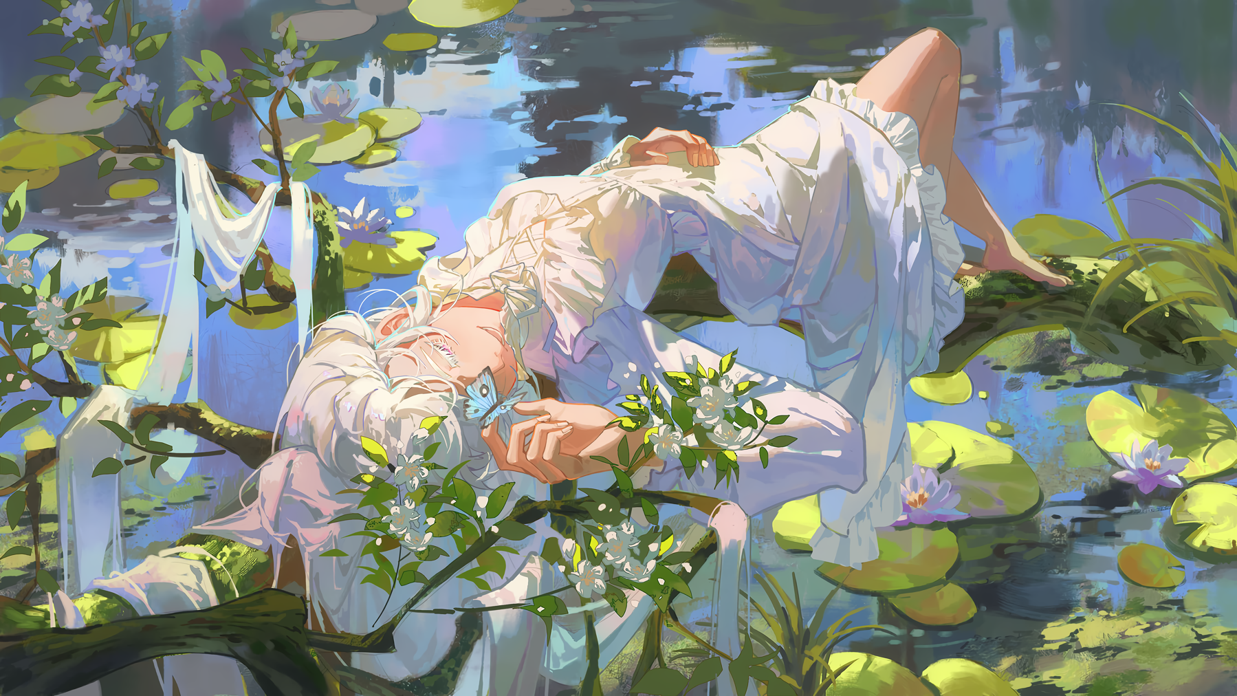 Anime Anime Girls Lying Down Lying On Back One Eye Obstructed Water Closed Eyes Long Hair White Hair 1799x1012