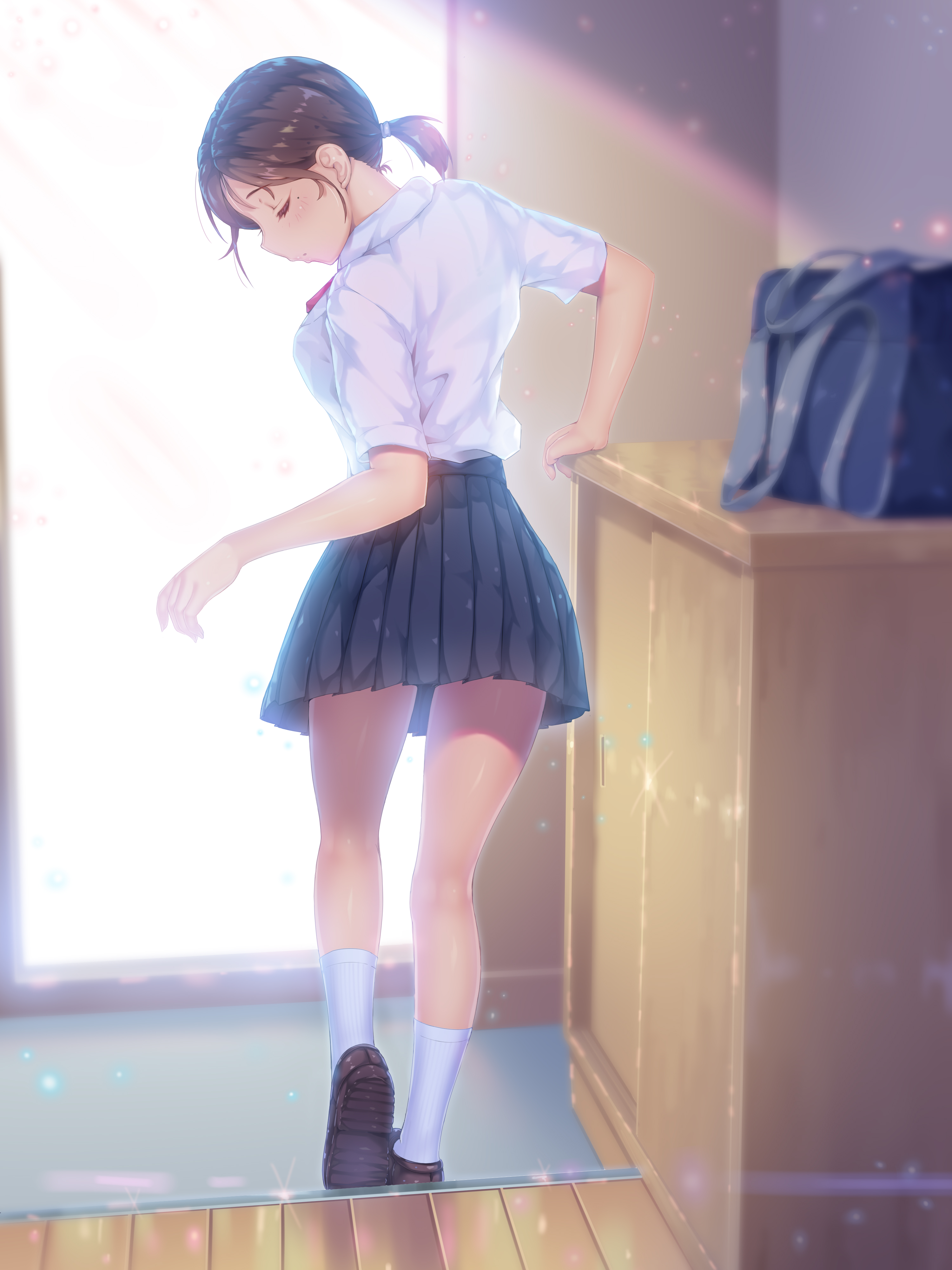Women Brunette Anime Girls Schoolgirl School Uniform Skirt Shirt White Shirt Bow Tie Socks Backpacks 3000x4000