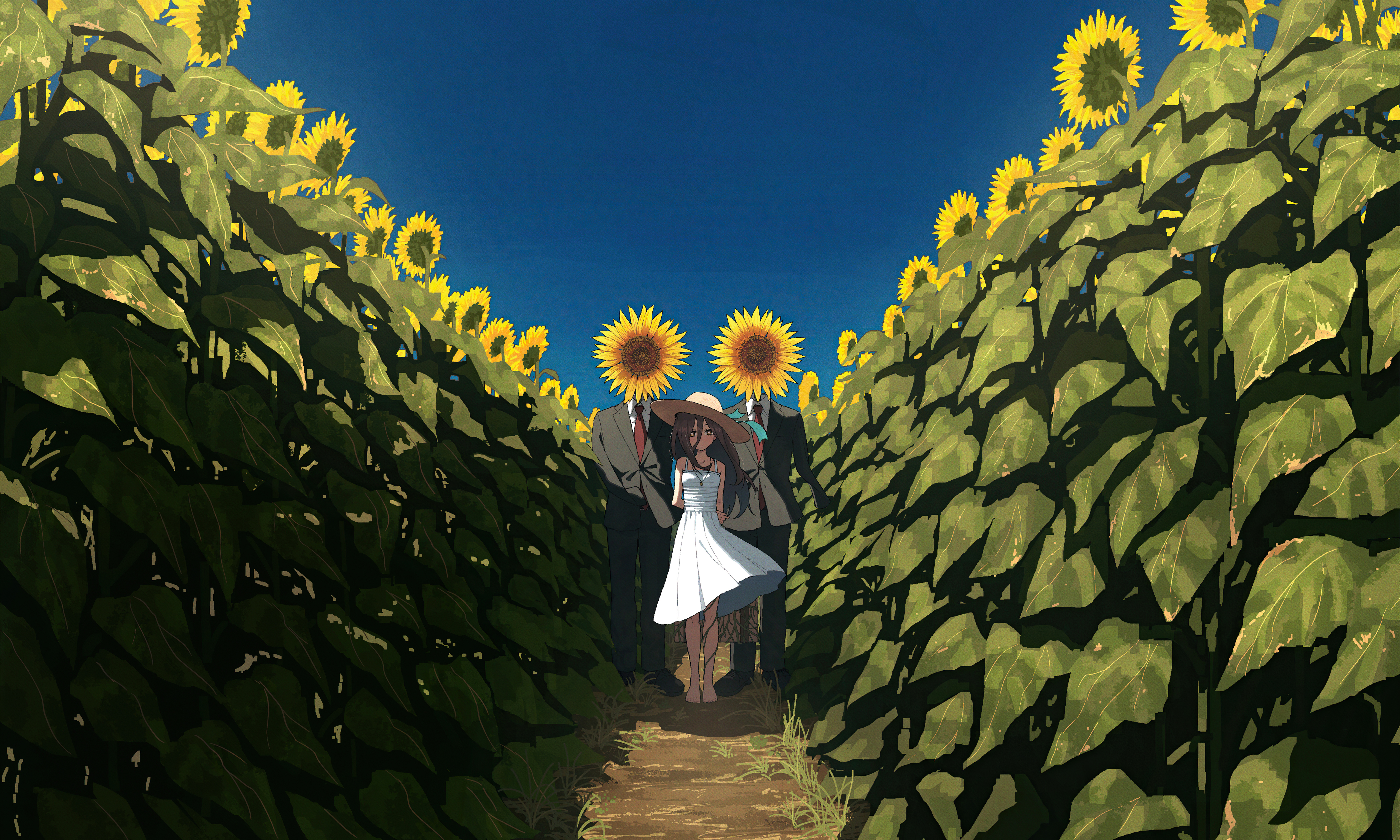 Anime Girls Clear Sky Sunflowers Summer Dress Straw Hat Sky Leaves Looking At Viewer Standing Long H 5120x3073
