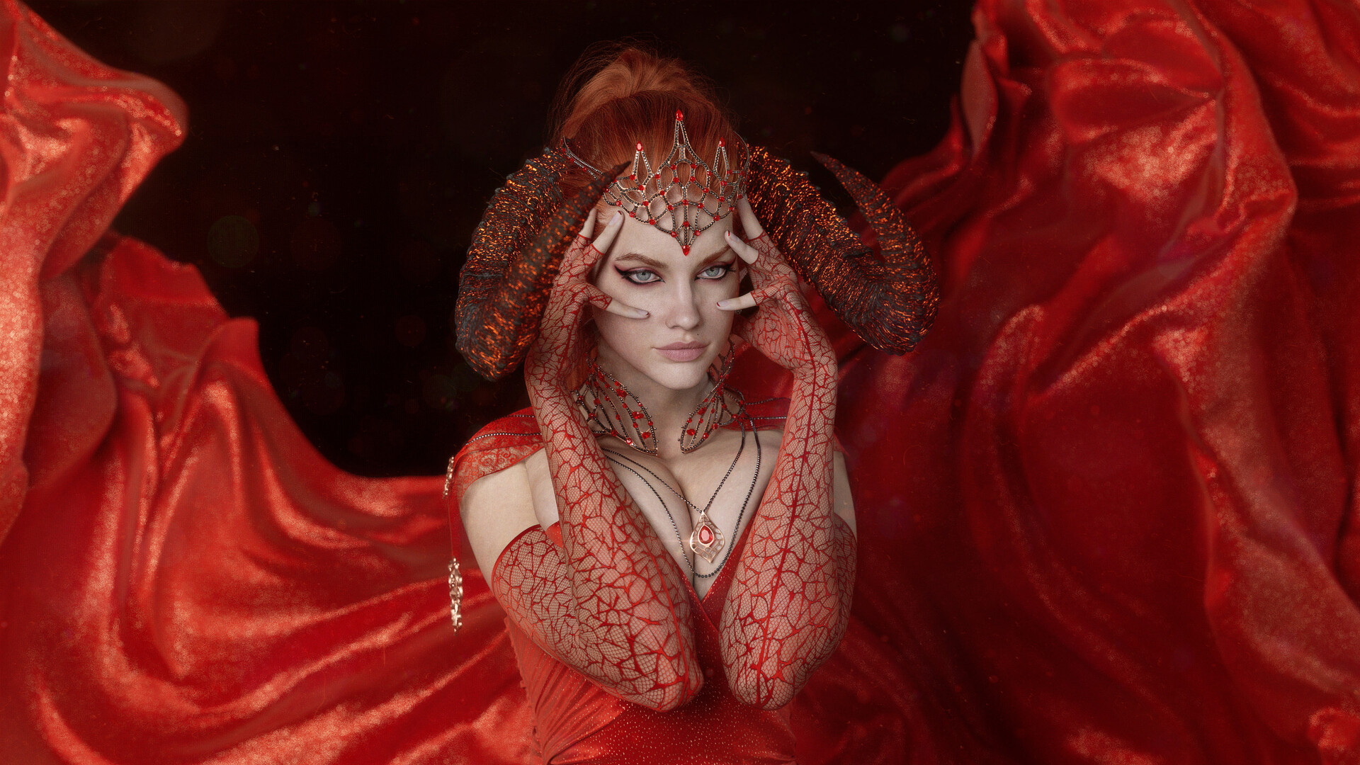 Ruslan Pronin CGi Women Witch Horns Redhead Eyeliner Red Dress Lens Flare 1920x1080