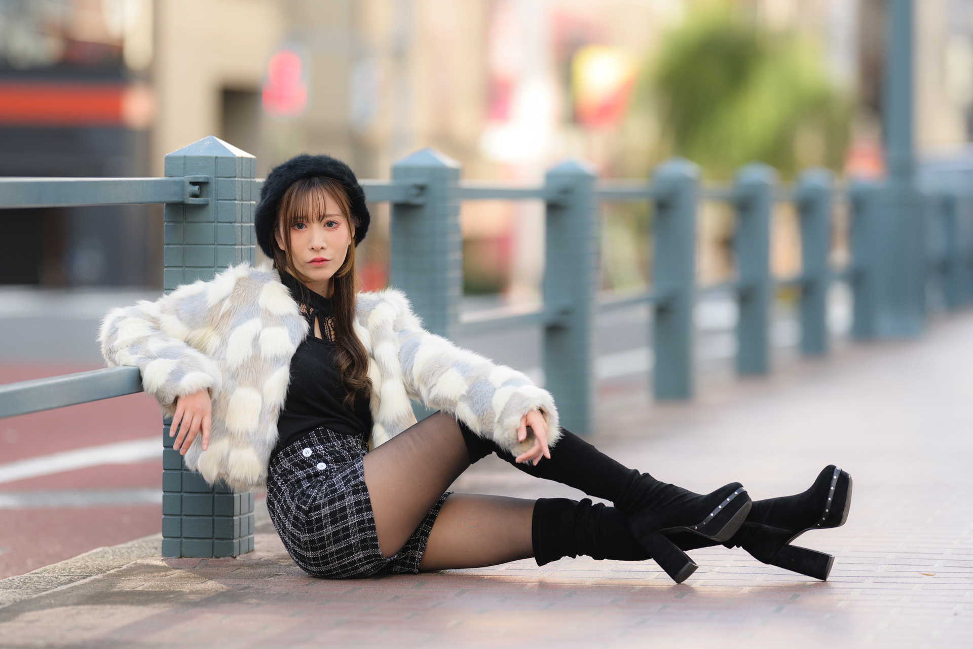 Asian Model Women Long Hair Dark Hair Sitting Nylons Berets Black Boots 1920x1280