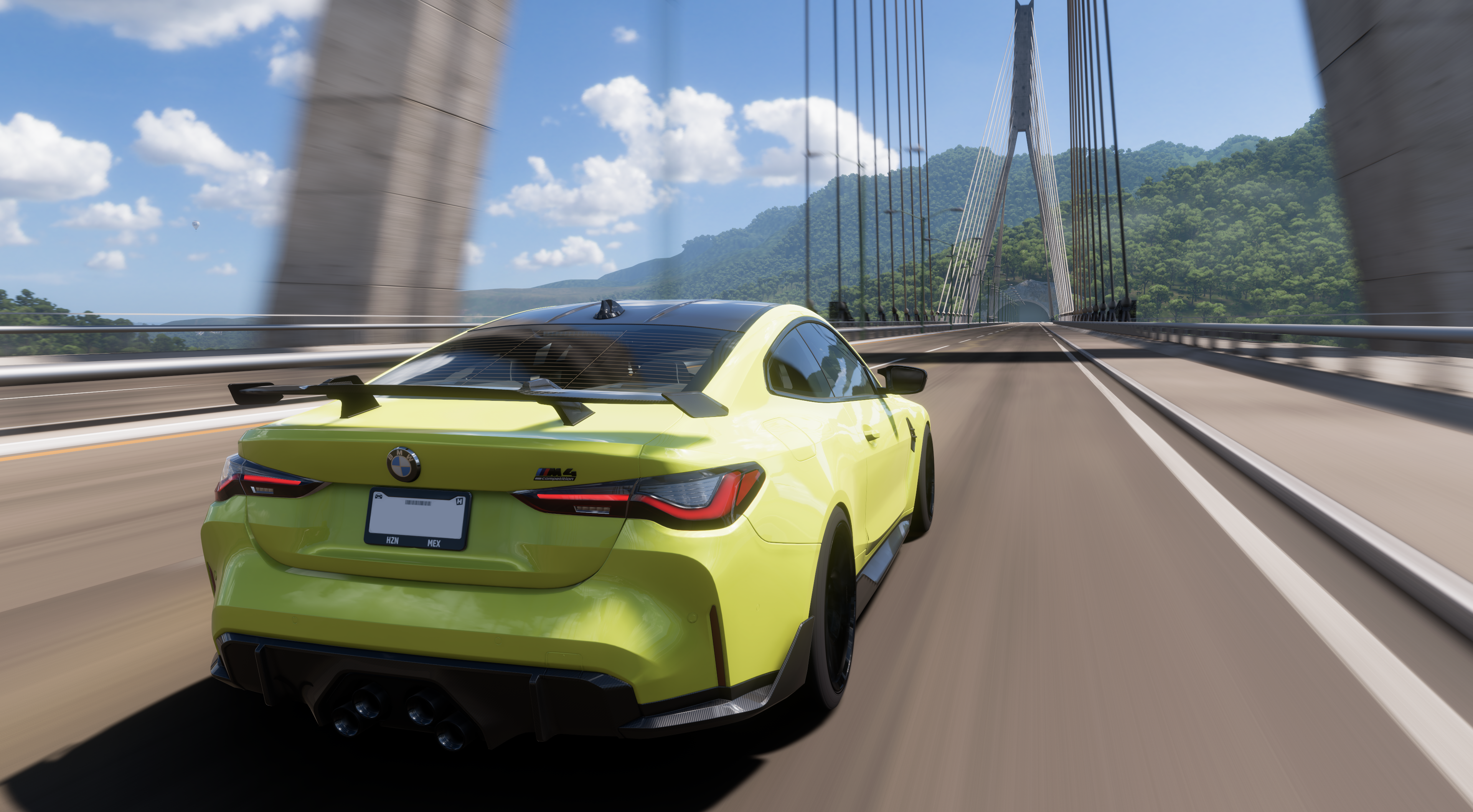 BMW Forza Horizon 5 Yellow Car Competition Video Games Clouds Road Rear View CGi Licence Plates 3839x2117
