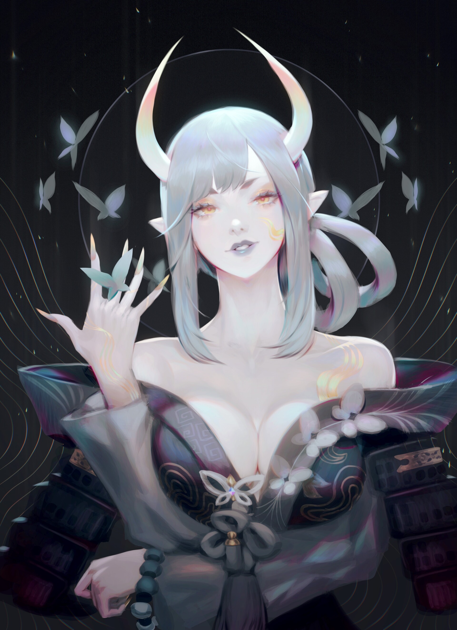 Drawing Women Silver Hair Horns Dress Circle Bare Shoulders Long Nails Butterfly Vertical Anime Girl 1920x2646