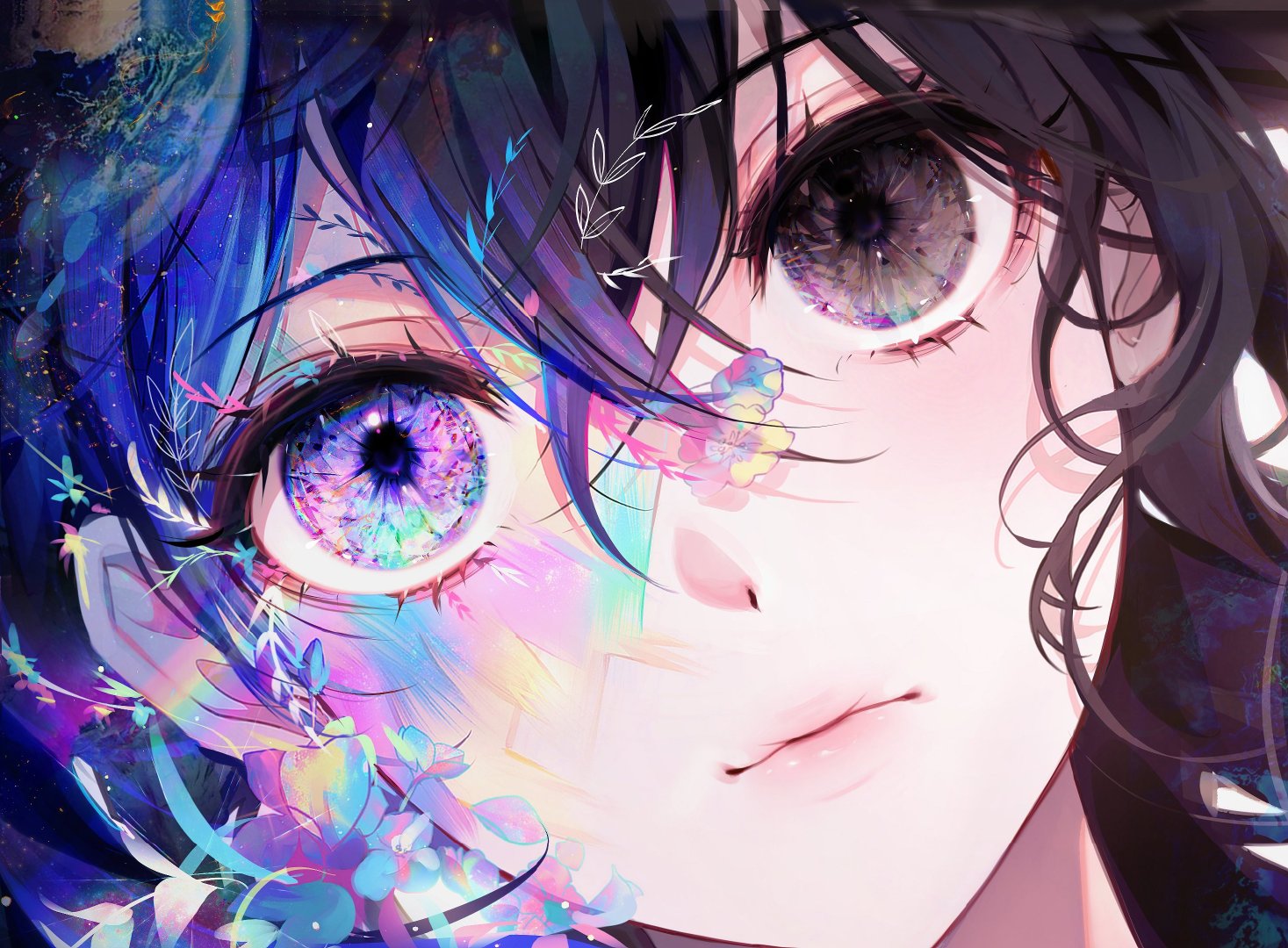 11 Eyes EYE Divine Cybermancy 5 Eyes Anime Girls Colorful Heterochromia Flowers Frontal View Face 1467x1080