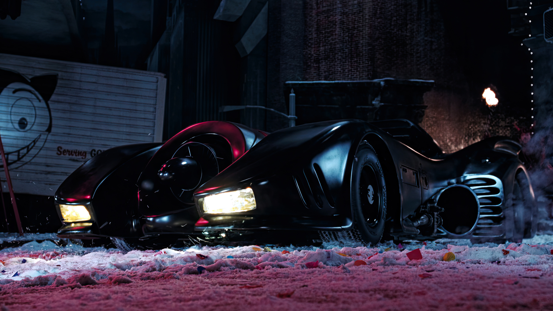 Batman Returns Batmobile Movies Film Stills Snow Street Gotham City Headlights Front Angle View Vehi 1920x1080