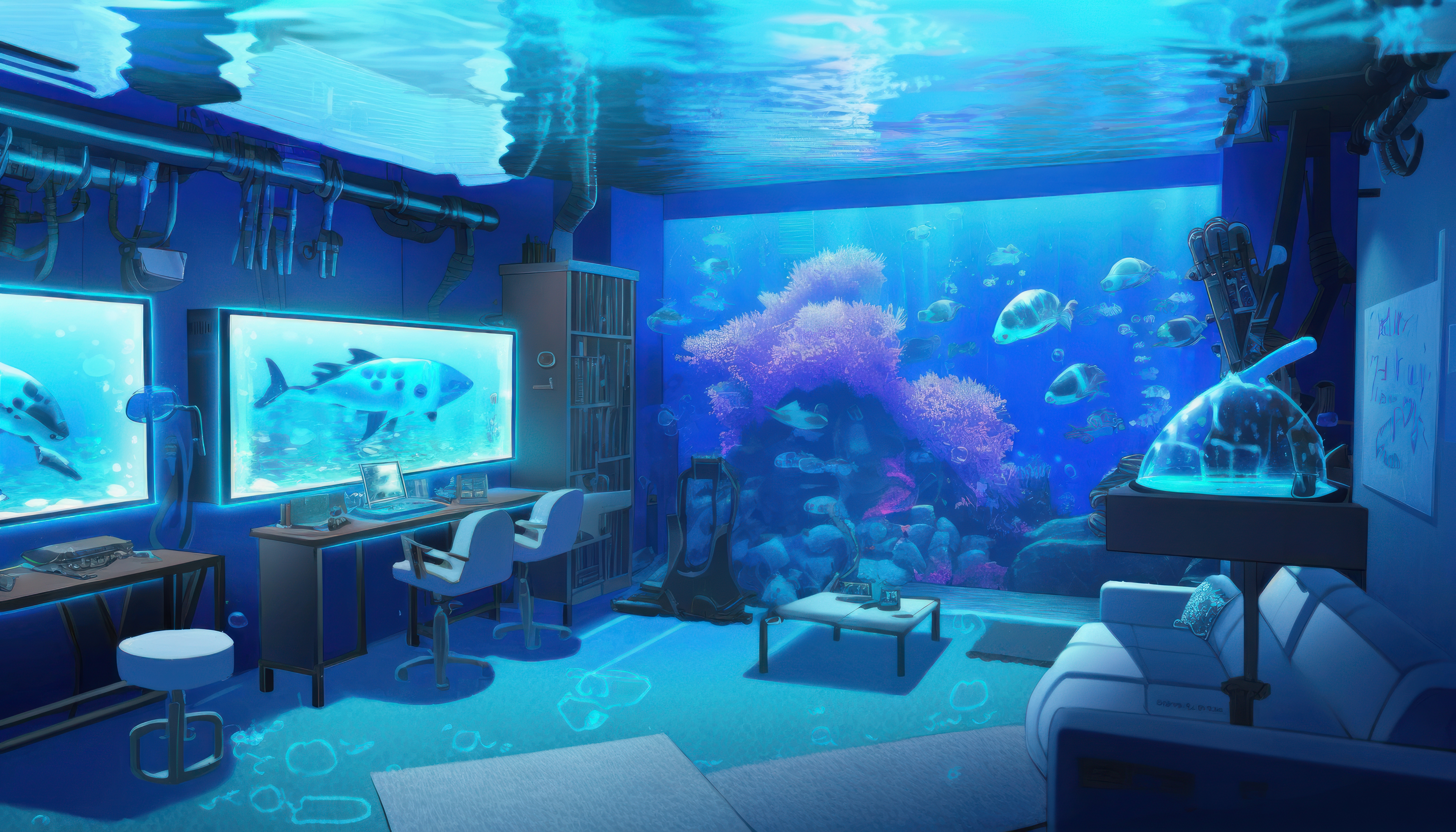 Ai Art Illustration Underwater Interior Room Blue Fish Aquarium Animals Couch Chair 4579x2616