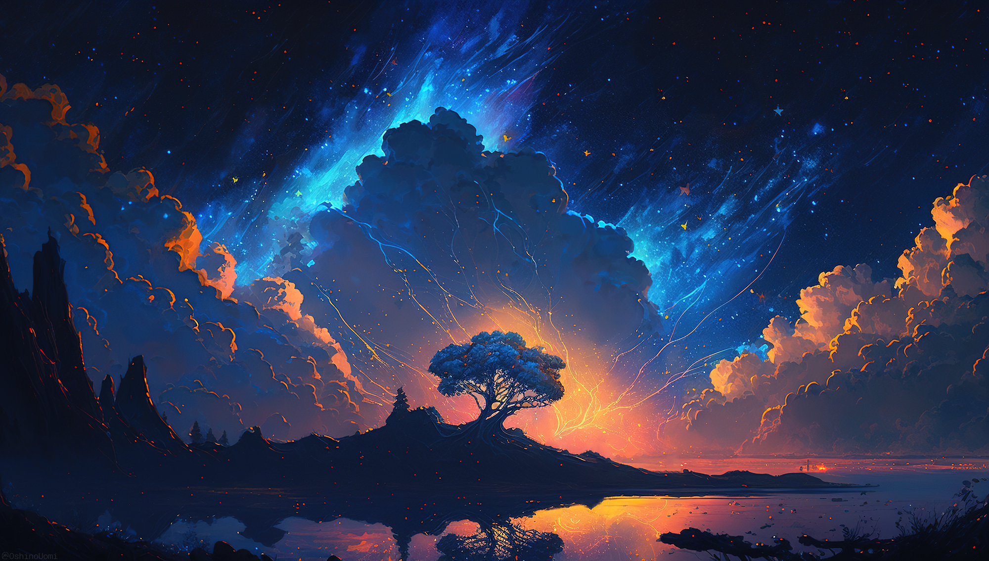 Uomi Illustration Artwork Ai Art Landscape Night Sky Clouds Starry Night Sea Reflection Water Stars 2000x1134