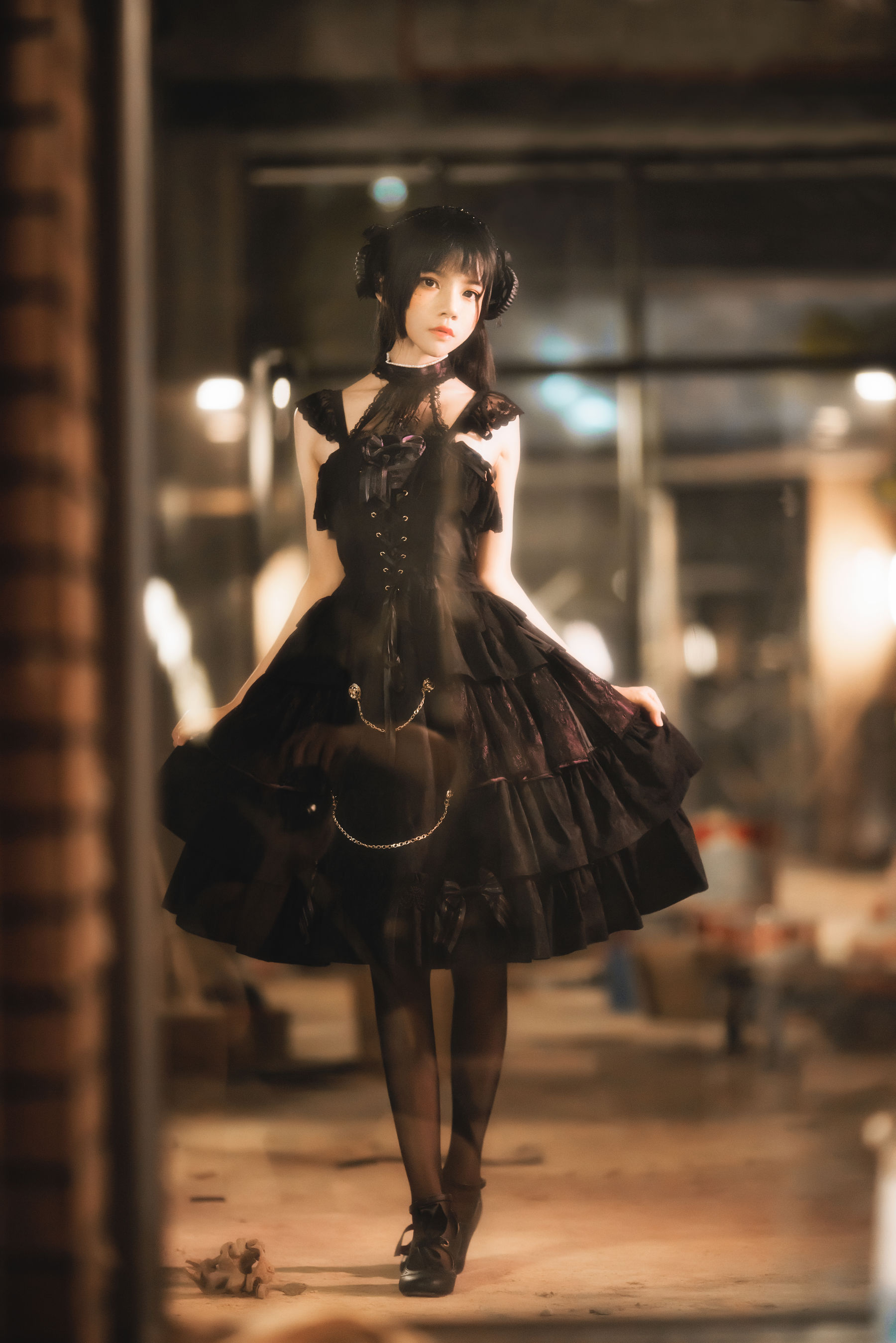 Cherryneko Women Model Asian Long Hair Dark Hair Night Gothic Lolita Black Dress 1800x2698