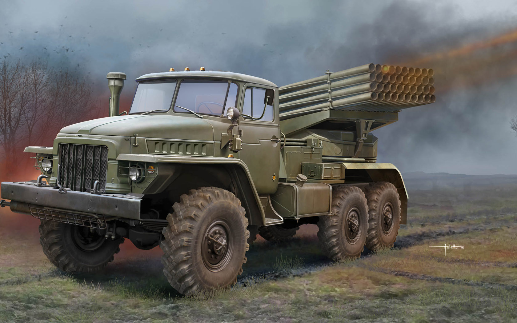 Army Military Rocket Military Vehicle Artwork Signature Clouds Sky Grass Fire Trees 1680x1050